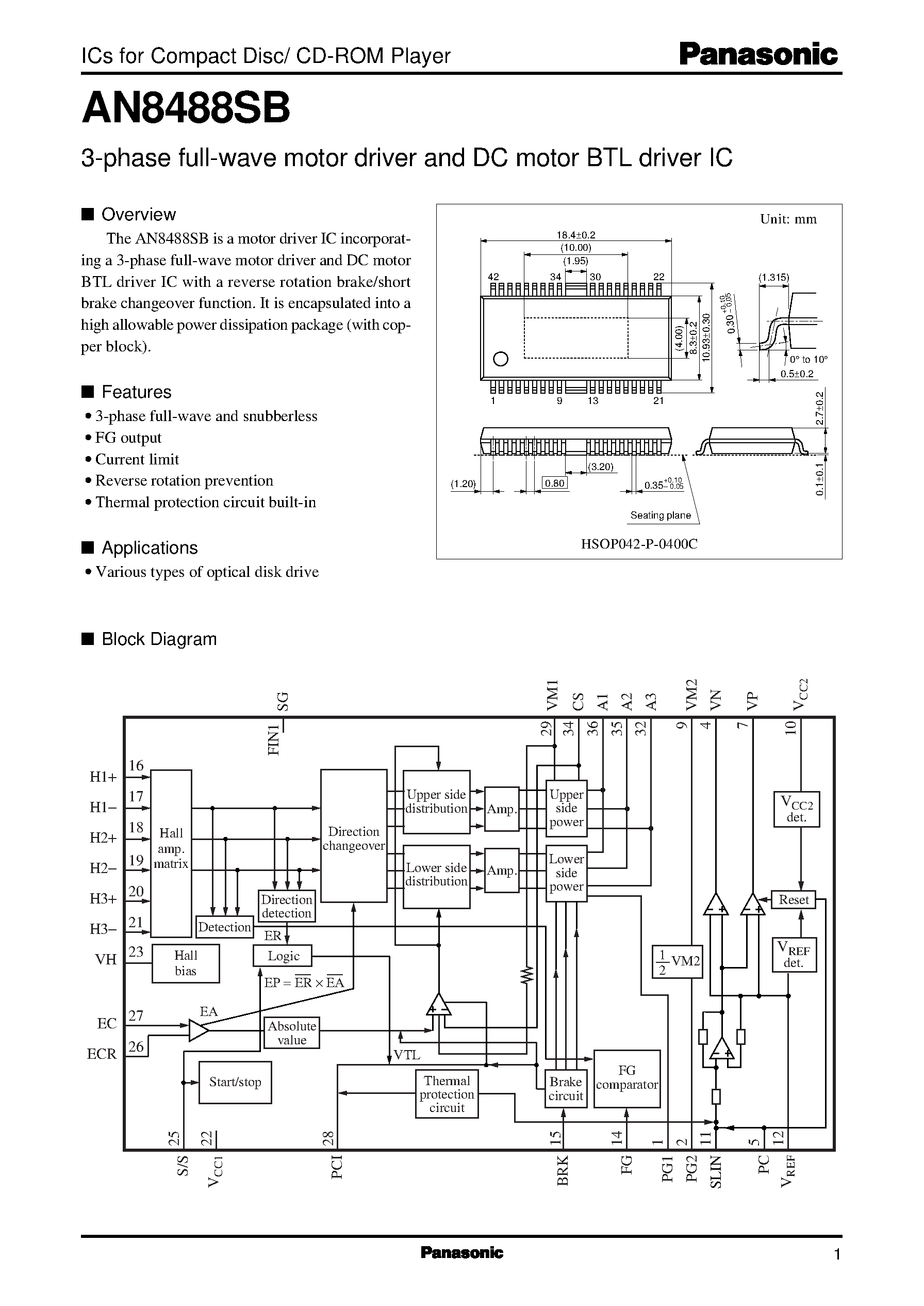 Datasheet AN8488SB - 3-phase full-wave motor driver and DC motor BTL driver IC page 1