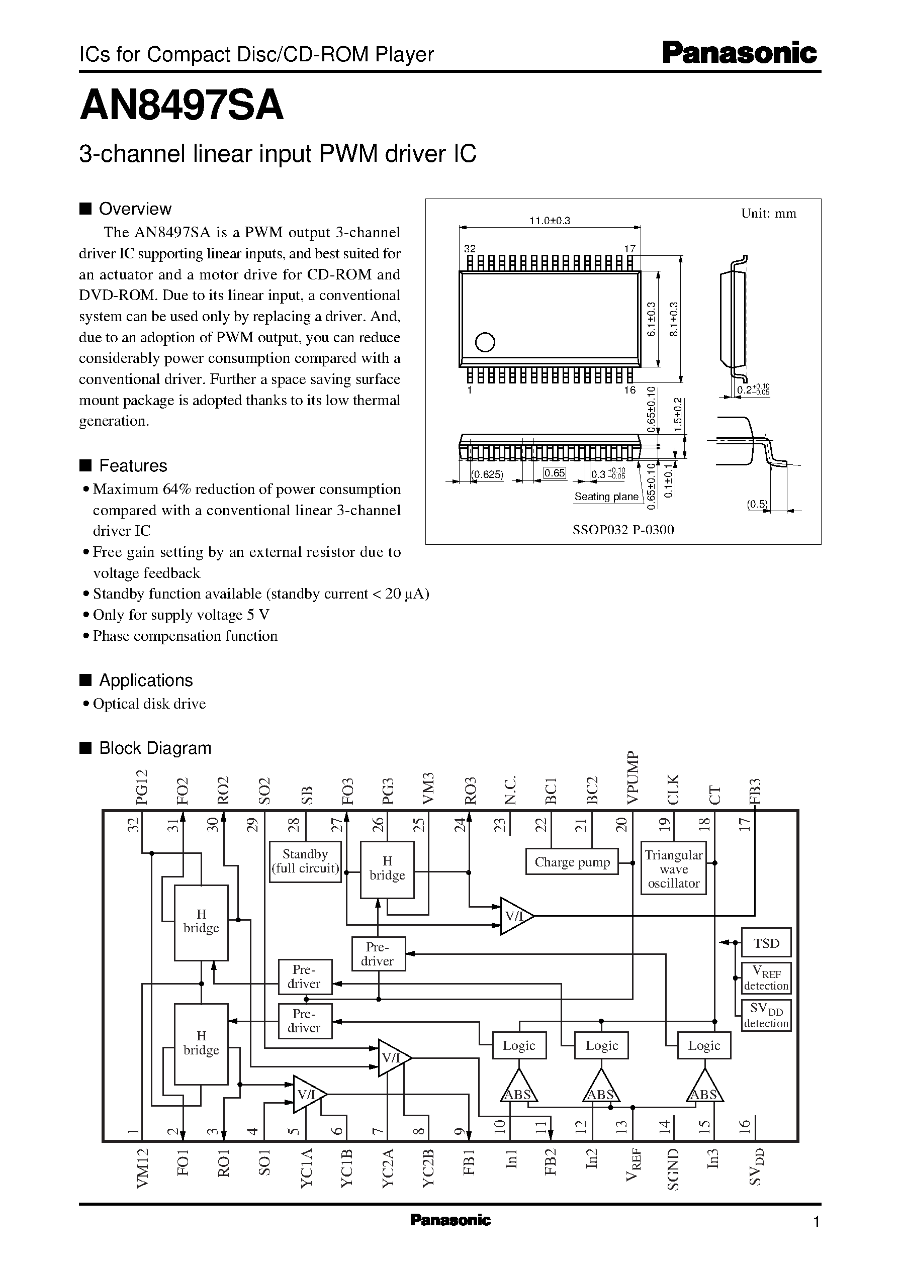 Datasheet AN8497SA page 1 Datasheet AN8497SA - 3-channel linear input PWM driver IC page 1
