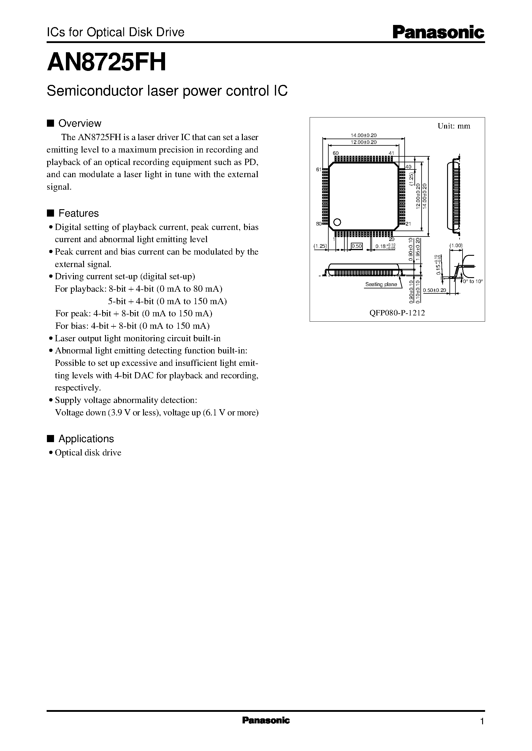 Datasheet AN8725FH - Semiconductor laser power control IC page 1