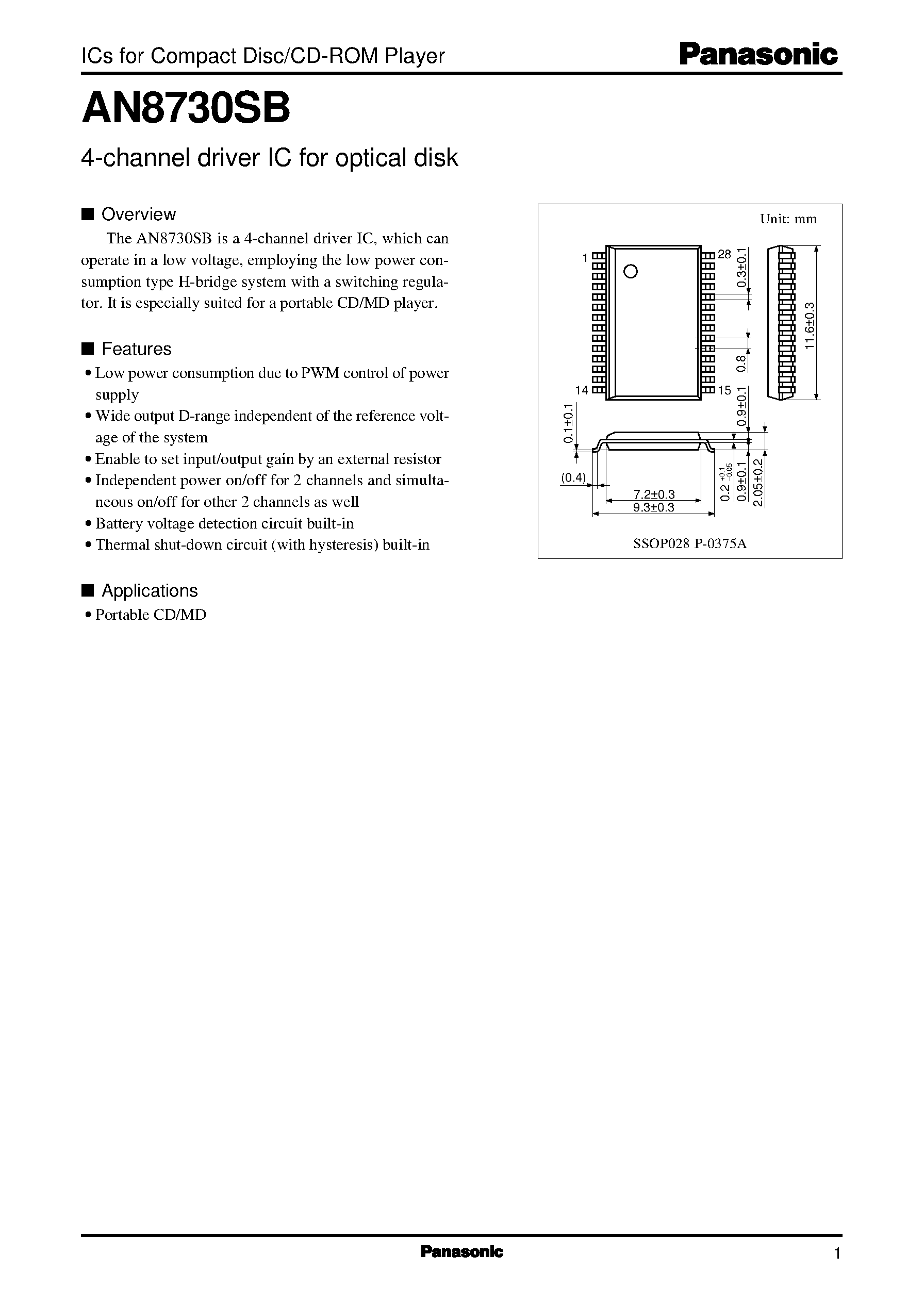 Datasheet AN8730SB - 4-channel driver IC for optical disk page 1