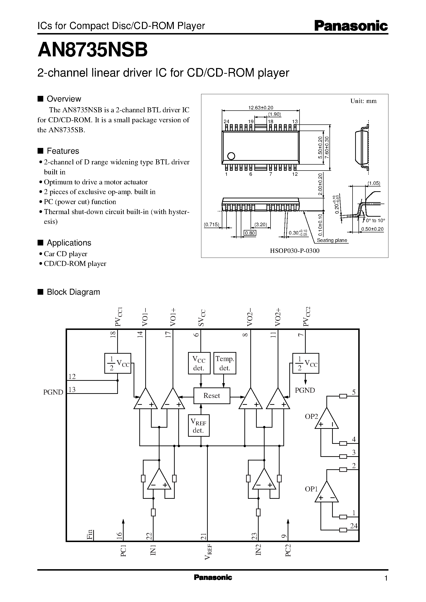 Даташит AN8735NSB - 2-channel linear driver IC for CD/CD-ROM player страница 1