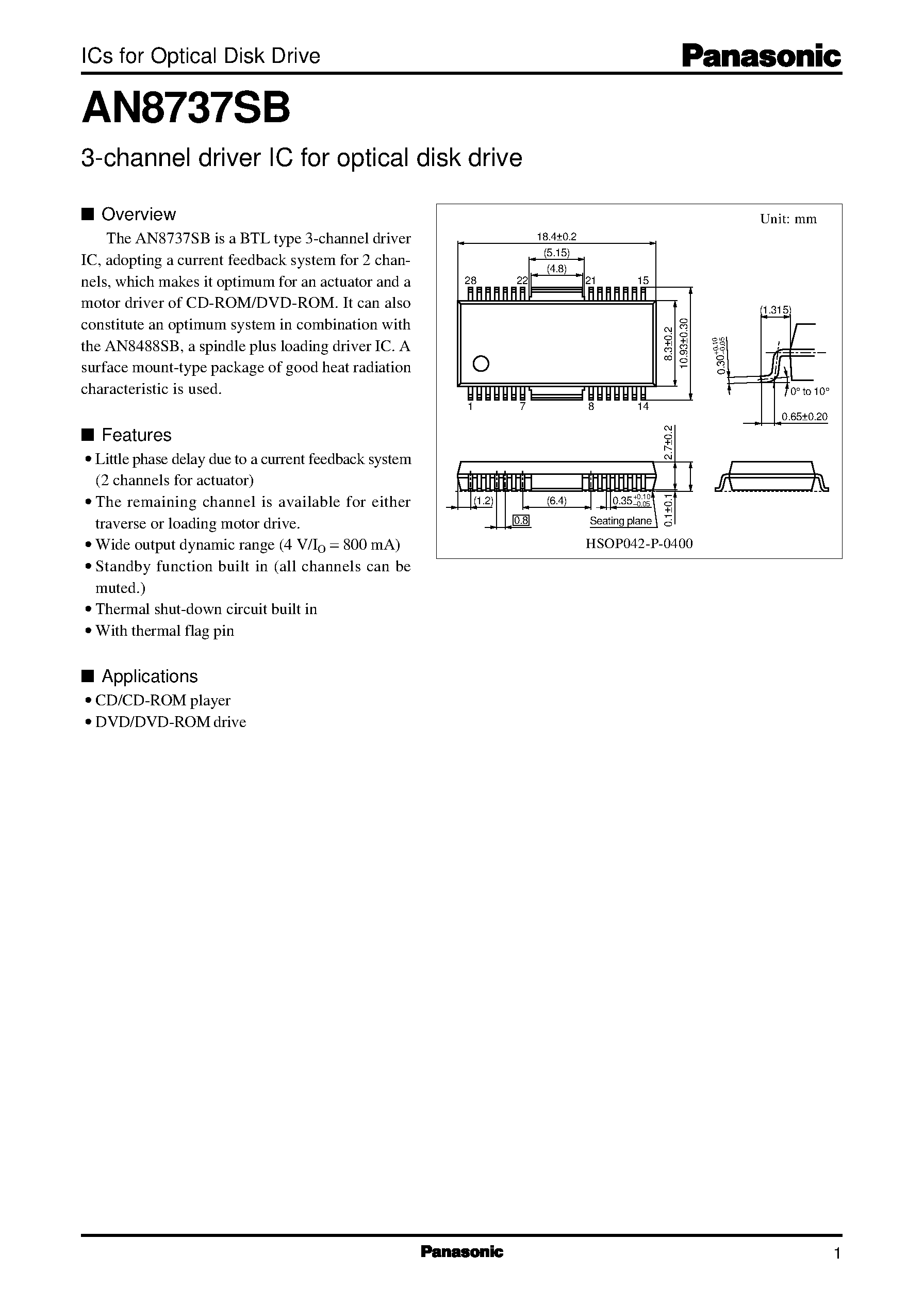 Datasheet AN8737SB page 1 Datasheet AN8737SB - 3-channel driver IC for optical disk drive page 1