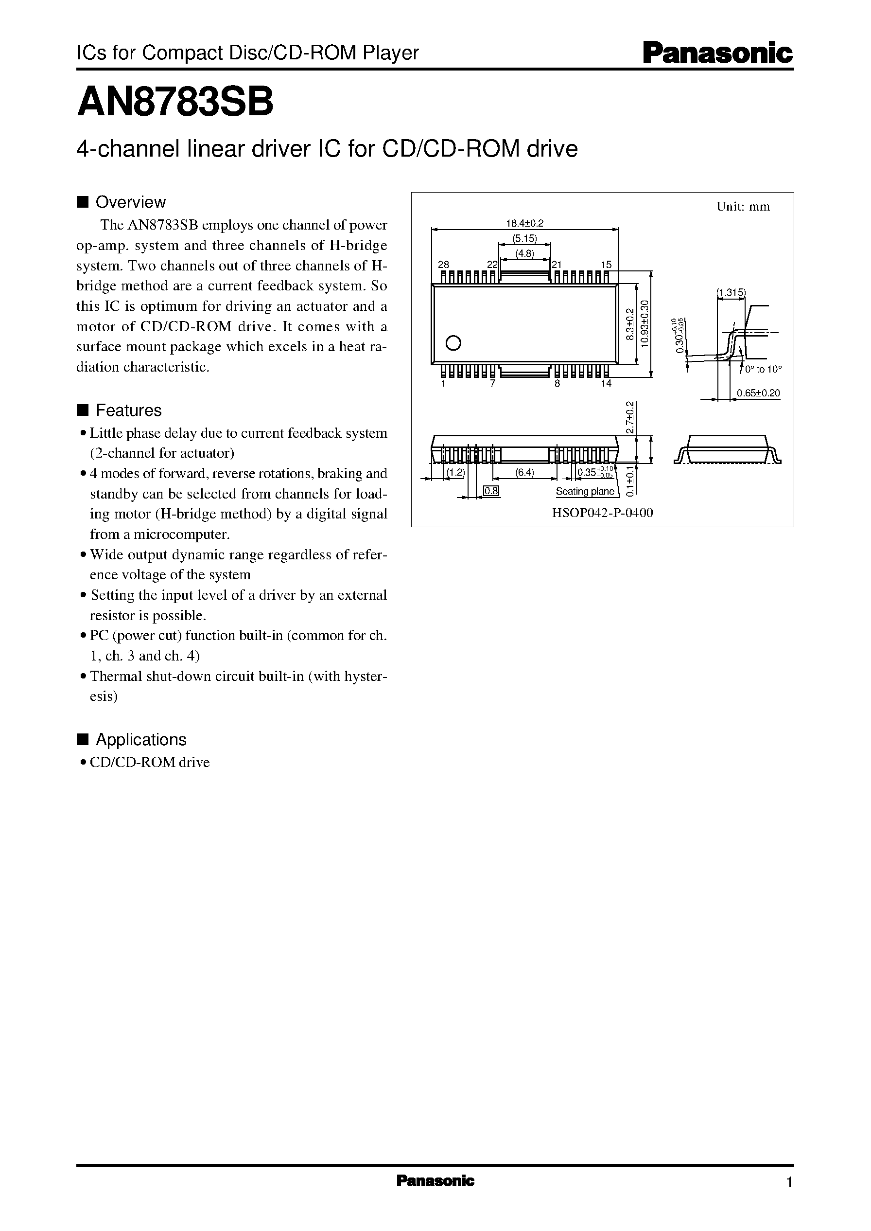 Datasheet AN8783SB - 4-channel linear driver IC for CD/CD-ROM drive page 1