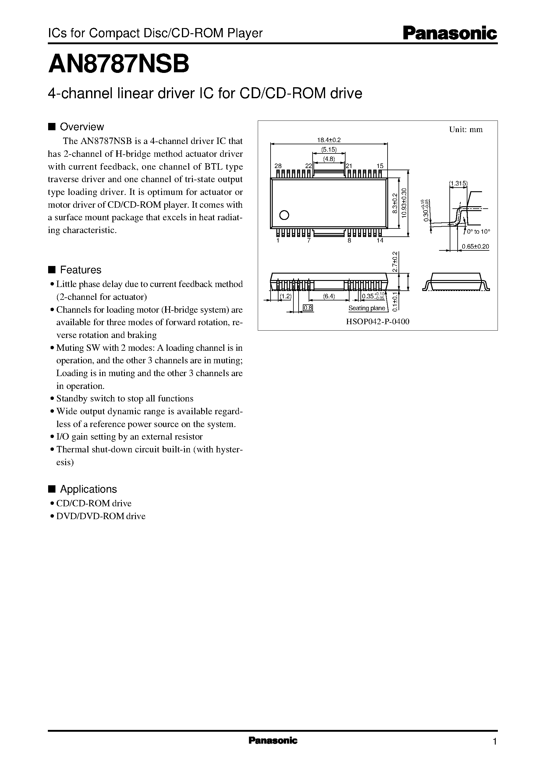 Datasheet AN8787NSB - 4-channel linear driver IC for CD/CD-ROM drive page 1