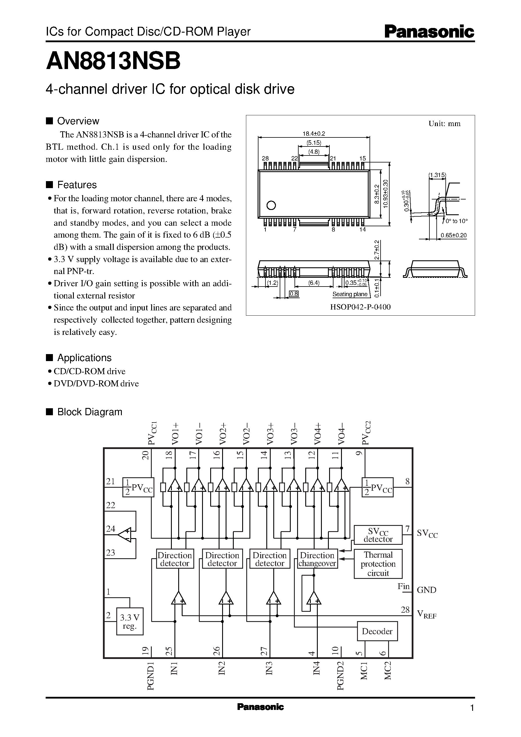 Datasheet AN8813NSB - 4-channel driver IC for optical disk drive page 1