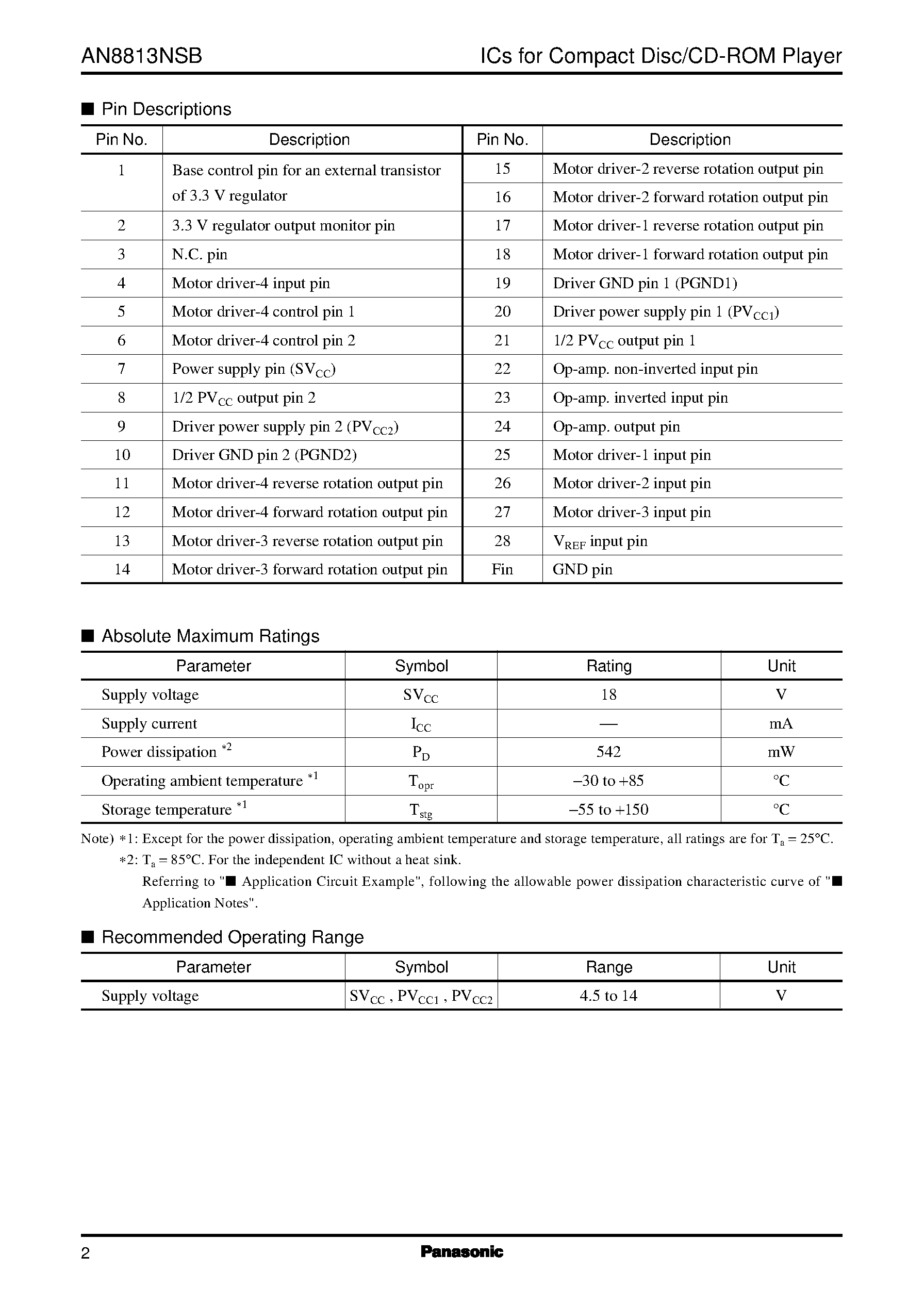 Datasheet AN8813NSB - 4-channel driver IC for optical disk drive page 2