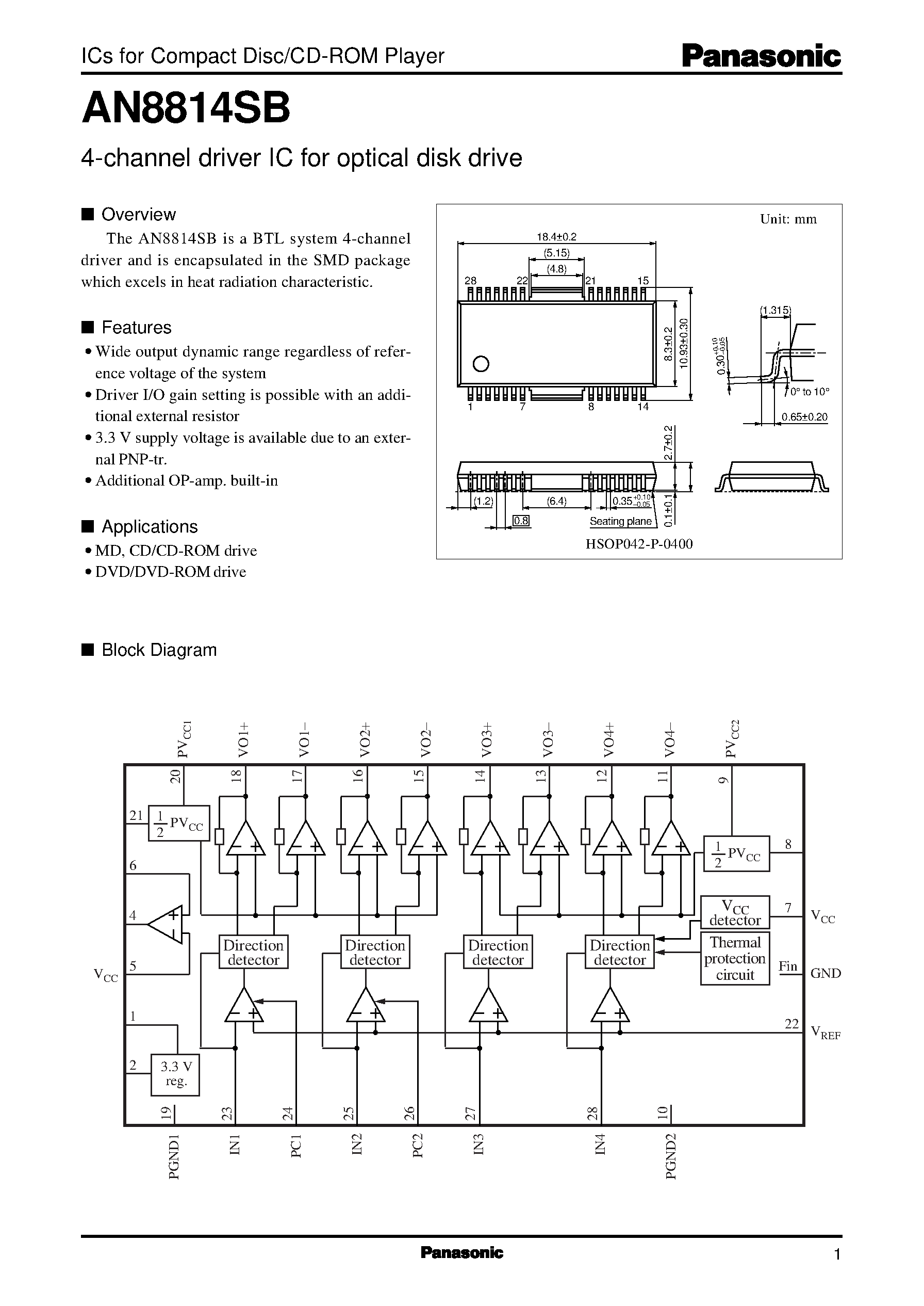 Datasheet AN8814 - 4-channel driver IC for optical disk drive page 1