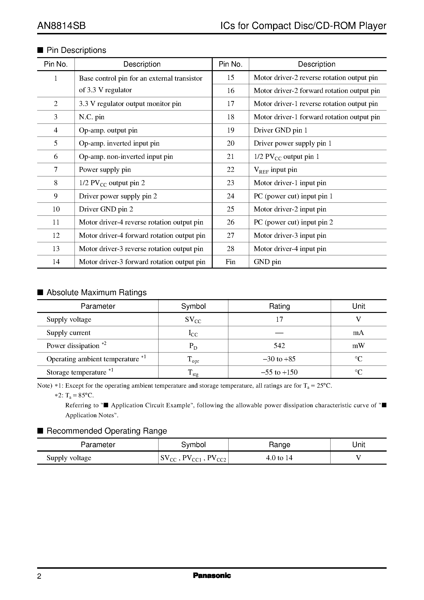 Datasheet AN8814 - 4-channel driver IC for optical disk drive page 2