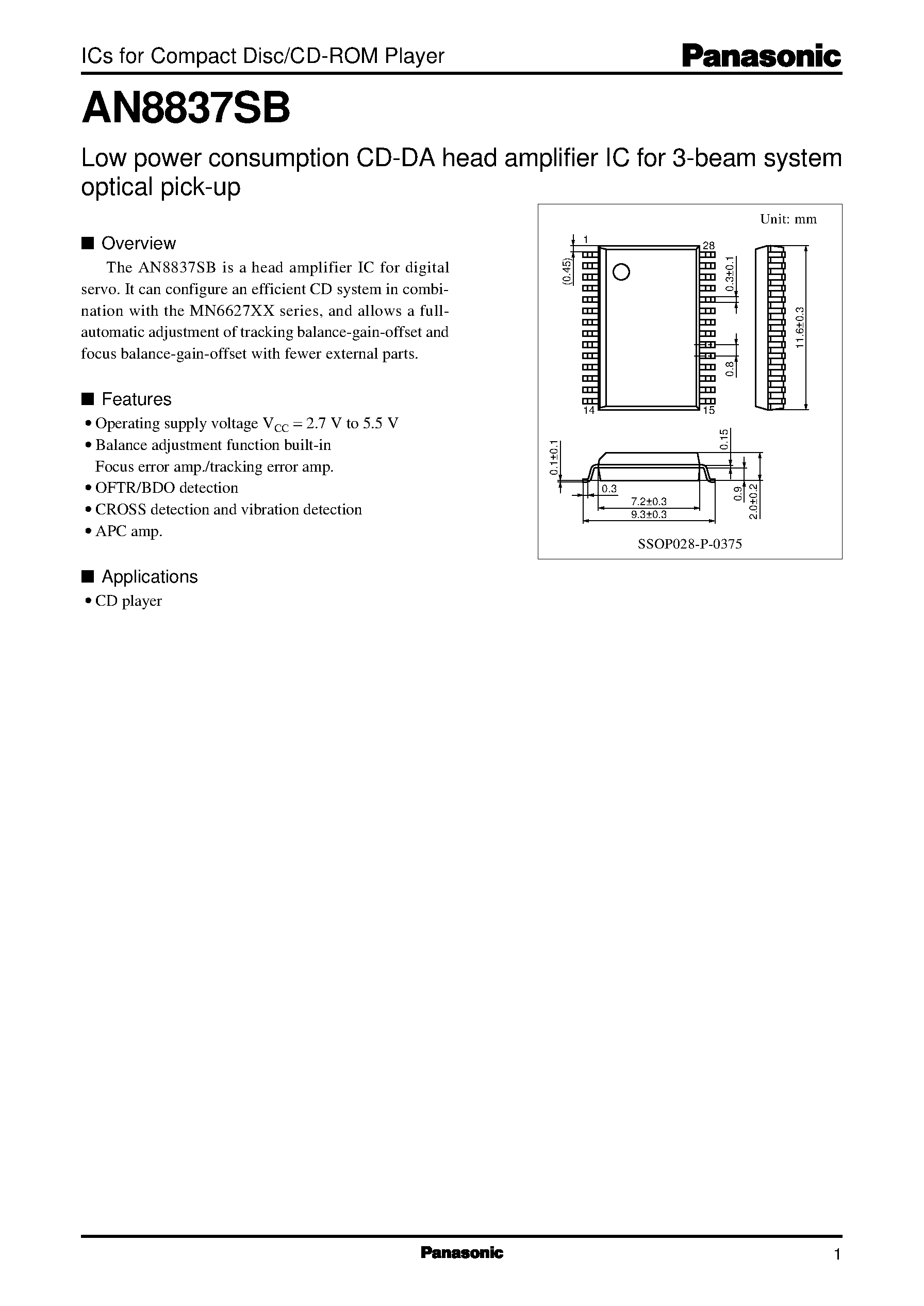 Datasheet AN8837SB - Low power consumption CD-DA head amplifier IC for 3-beam system optical pick-up page 1