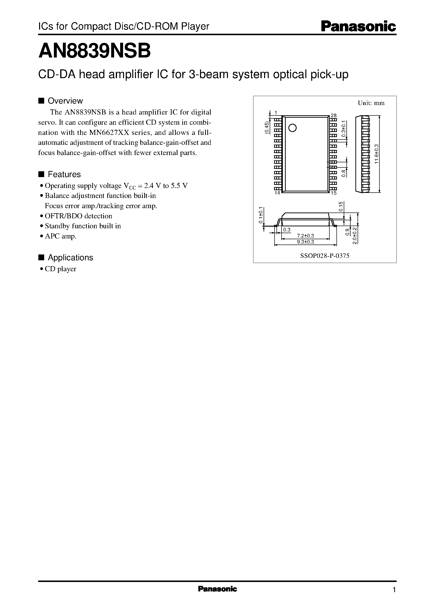Datasheet AN8839 page 1 Datasheet AN8839 - CD-DA head amplifier IC for 3-beam system optical pick-up page 1