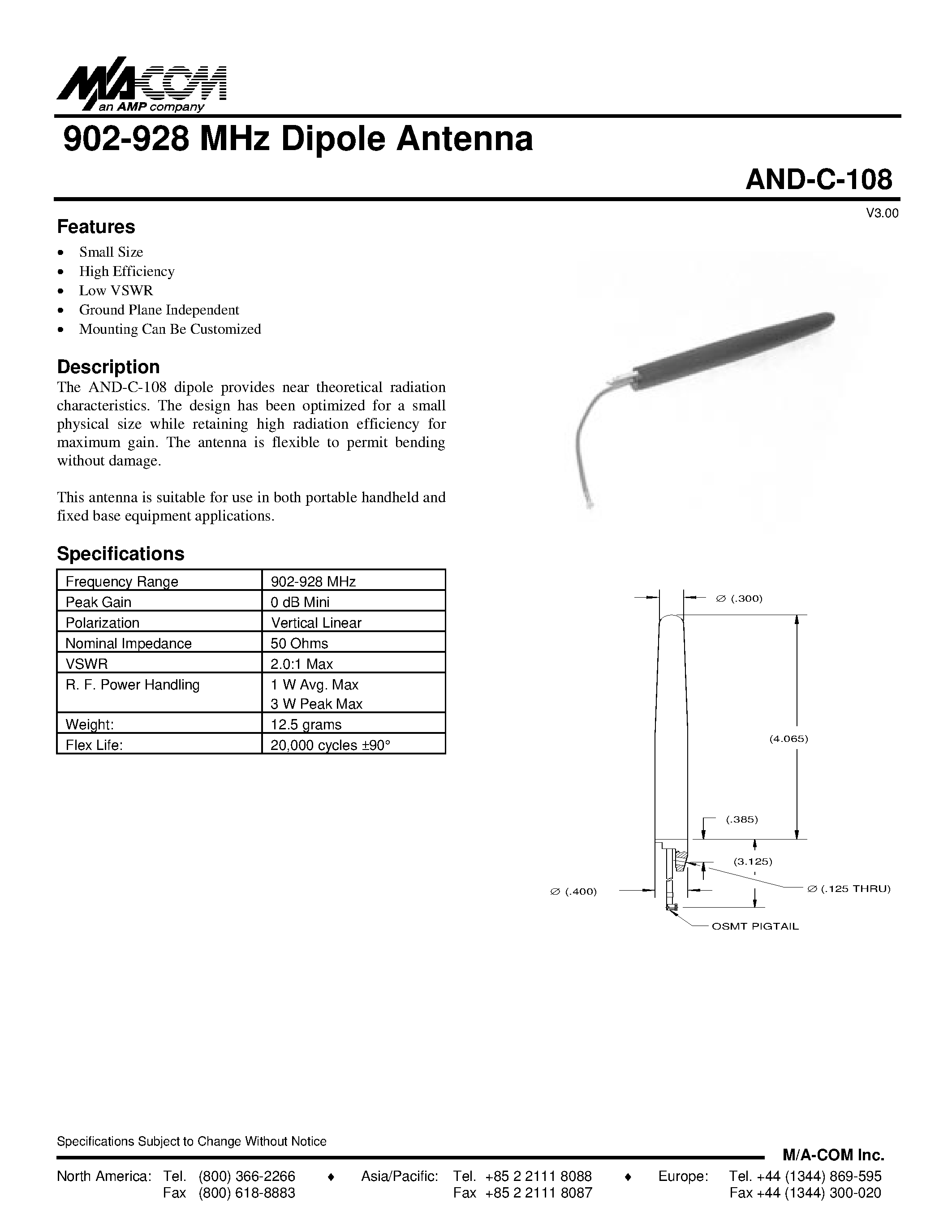 Даташит AND-C-108 - 902-928 MHz Dipole Antenna страница 1