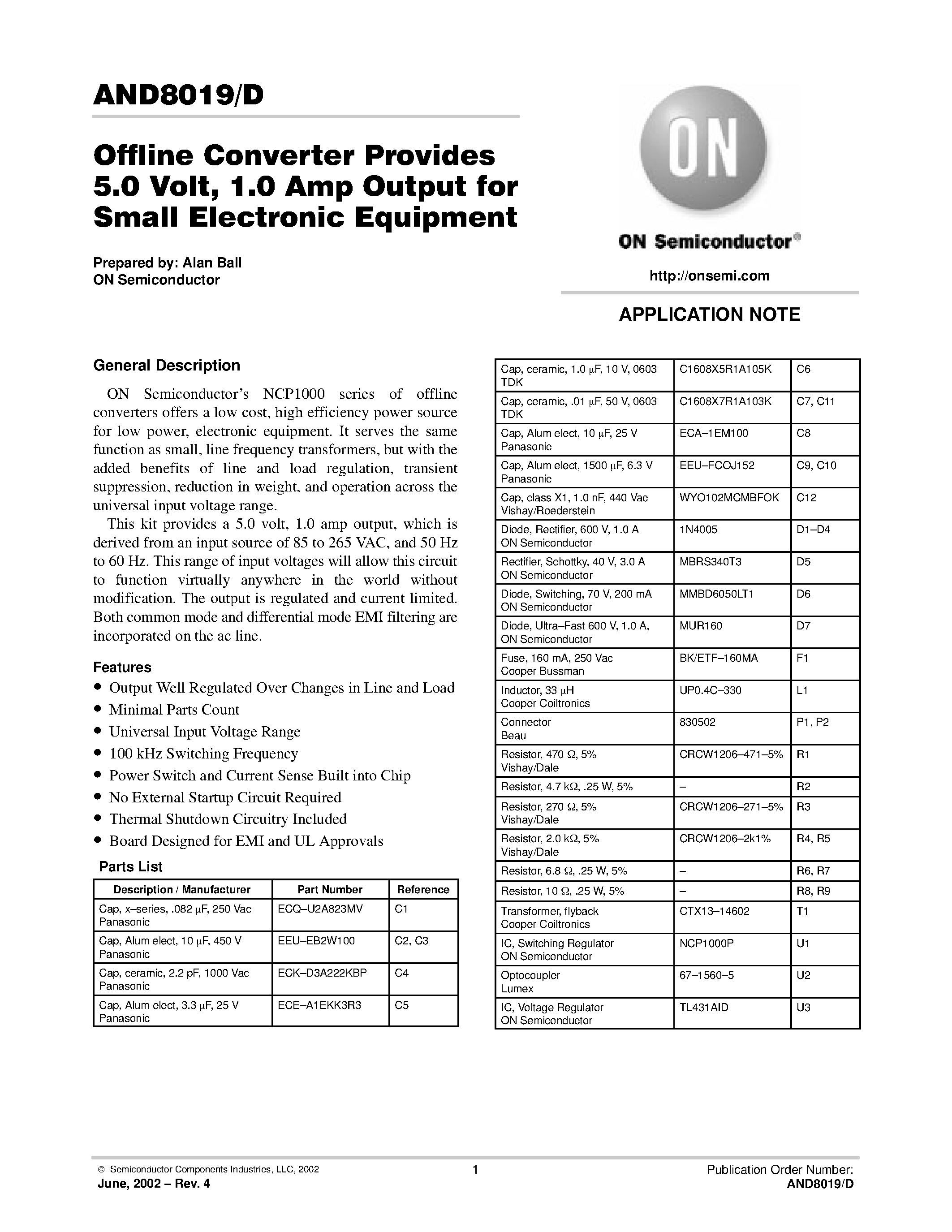 Datasheet AND8019D - Offline Converter Provides 5.0 Volt/ 1.0 Amp Output for Small Electronic Equipment page 1