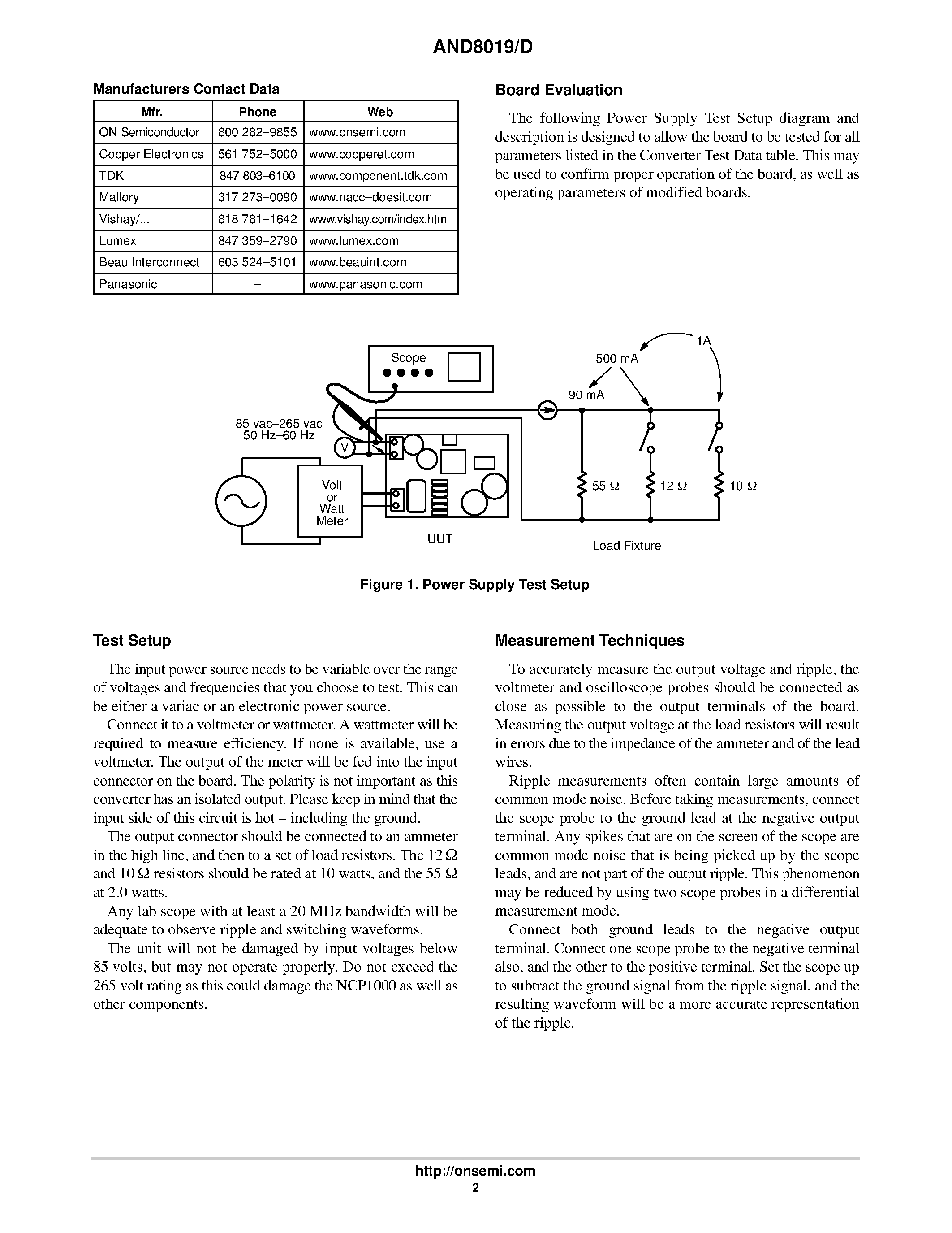 Datasheet AND8019D - Offline Converter Provides 5.0 Volt/ 1.0 Amp Output for Small Electronic Equipment page 2