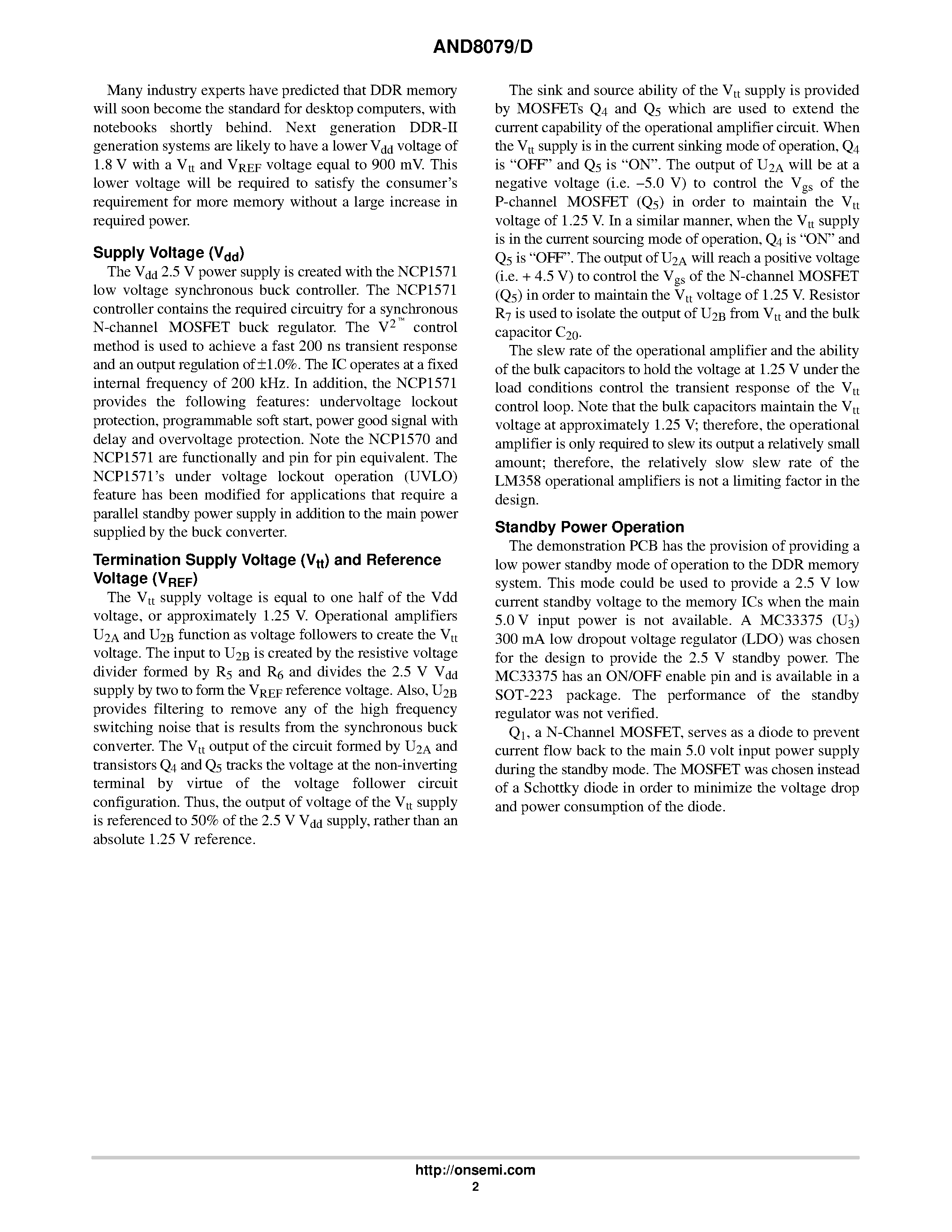 Даташит AND8079D - A Low Cost DDR Memory Power Supply Using the NCP1571 Synchronous Buck Converter and a LM358 Based Linear Voltage Regulator страница 2