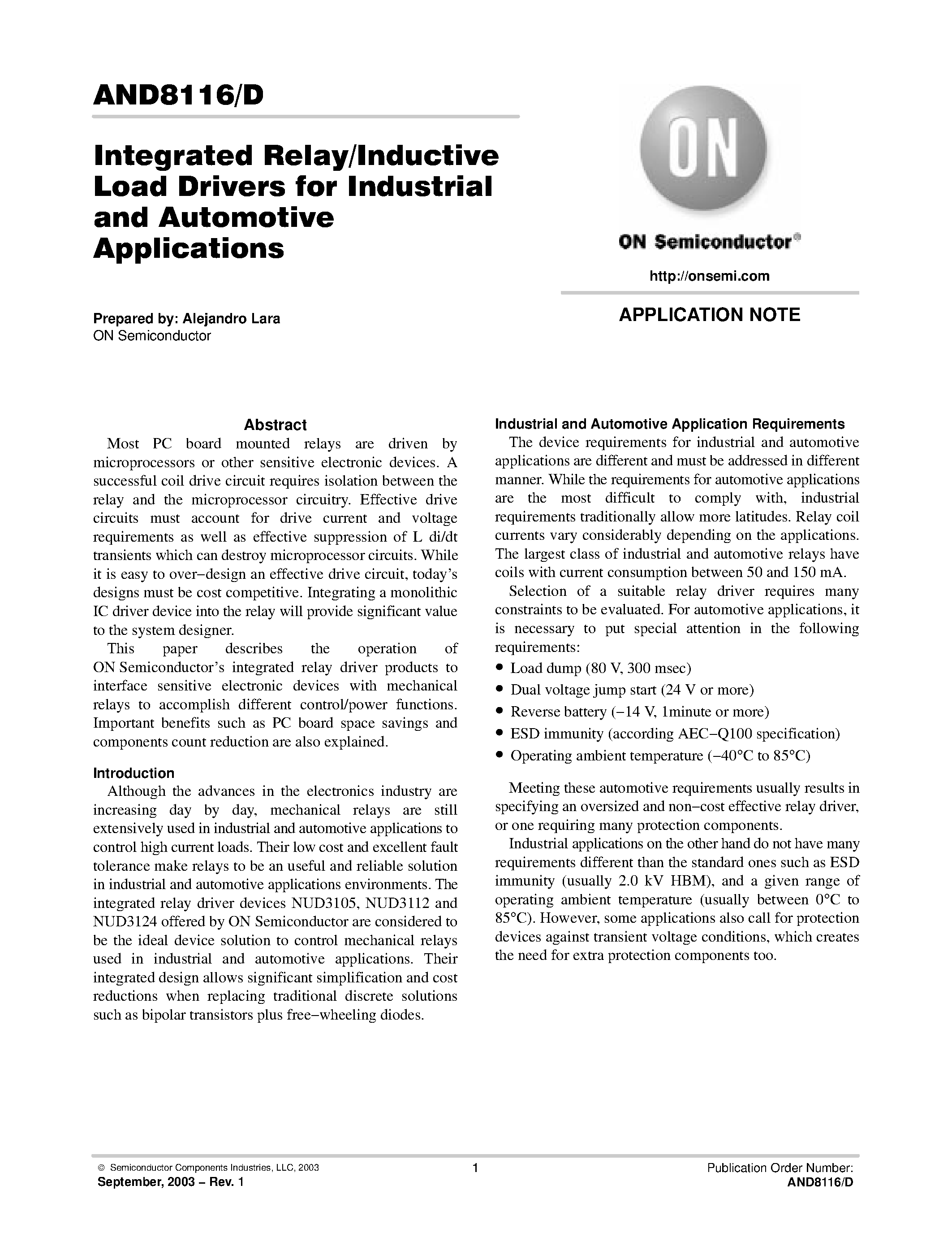 Даташит на микросхему AND8116 страница 1 Даташит AND8116 - Integrated Relay/Inductive Load Drivers for Industrial and Automotive Applications страница 1