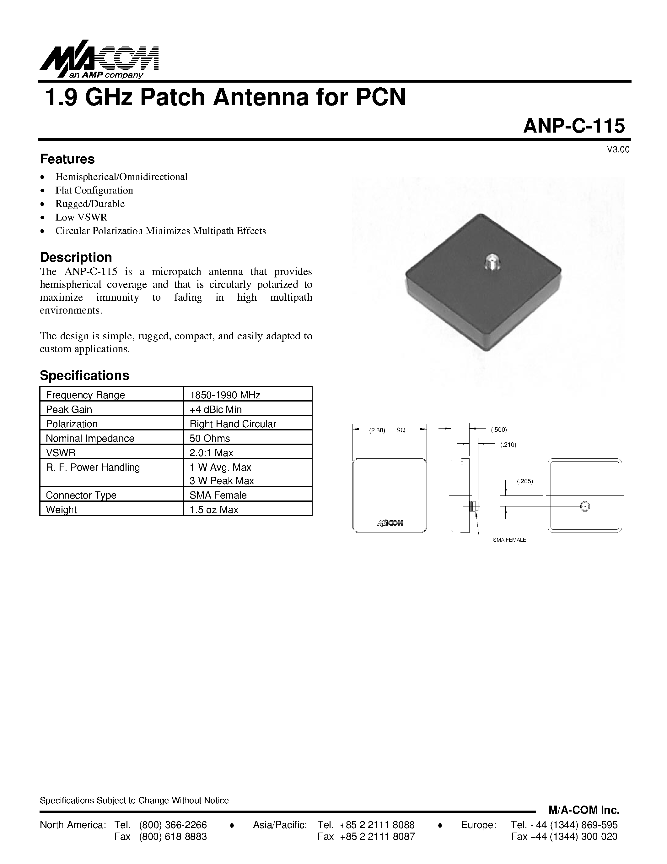 Даташит ANP-C-115 - 1.9 GHz Patch Antenna for PCN страница 1