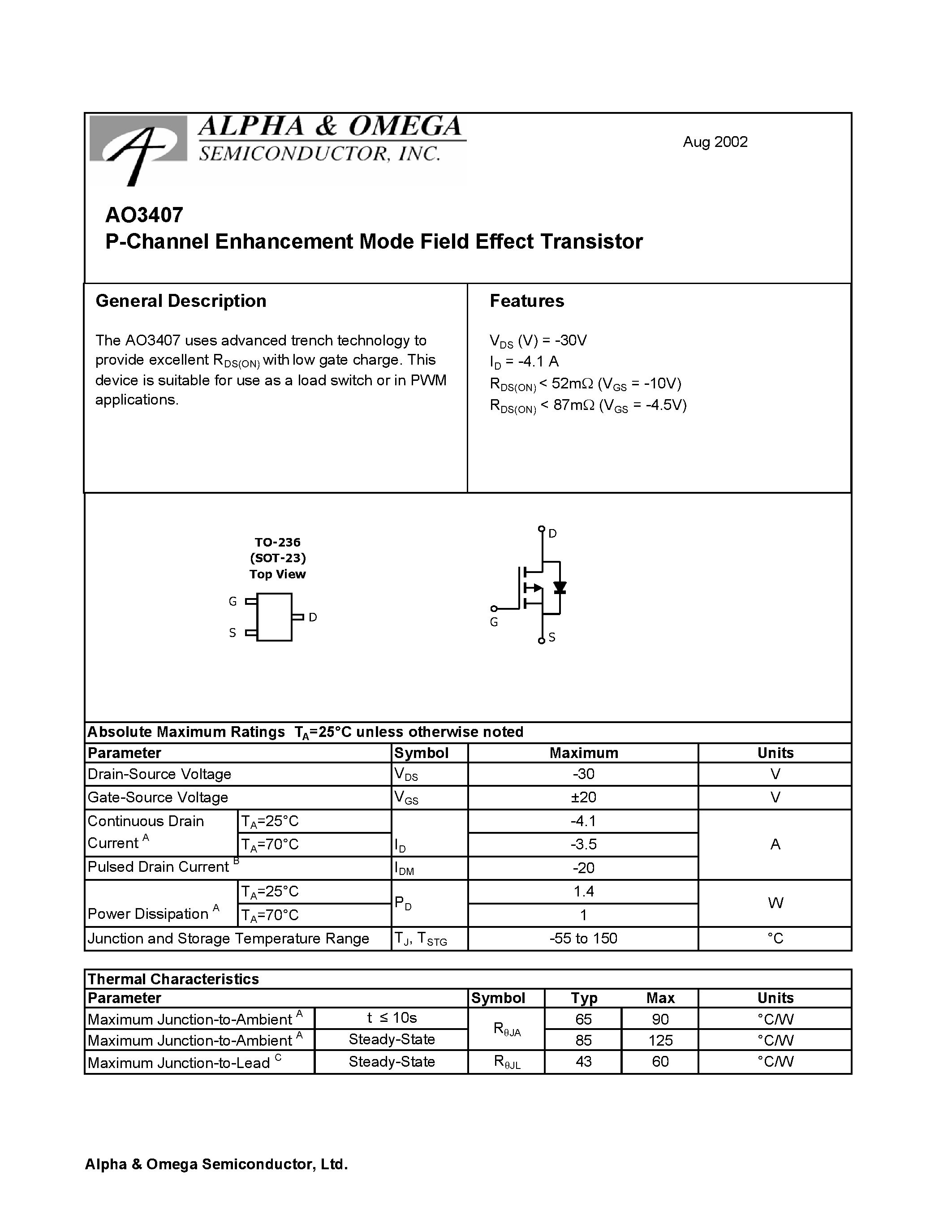 Datasheet AO3407 - P-Channel Enhancement Mode Field Effect Transistor page 1