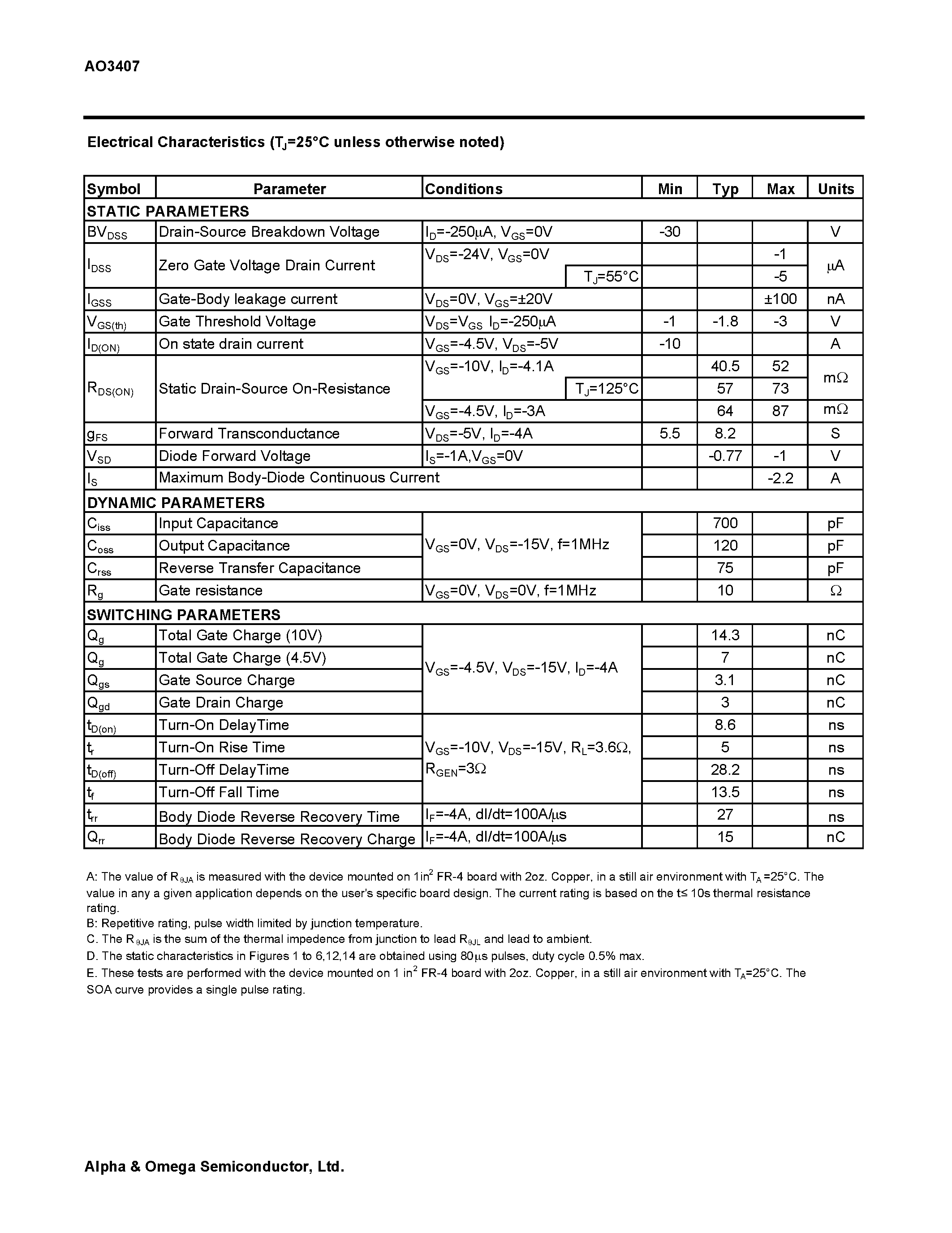 Datasheet AO3407 - P-Channel Enhancement Mode Field Effect Transistor page 2