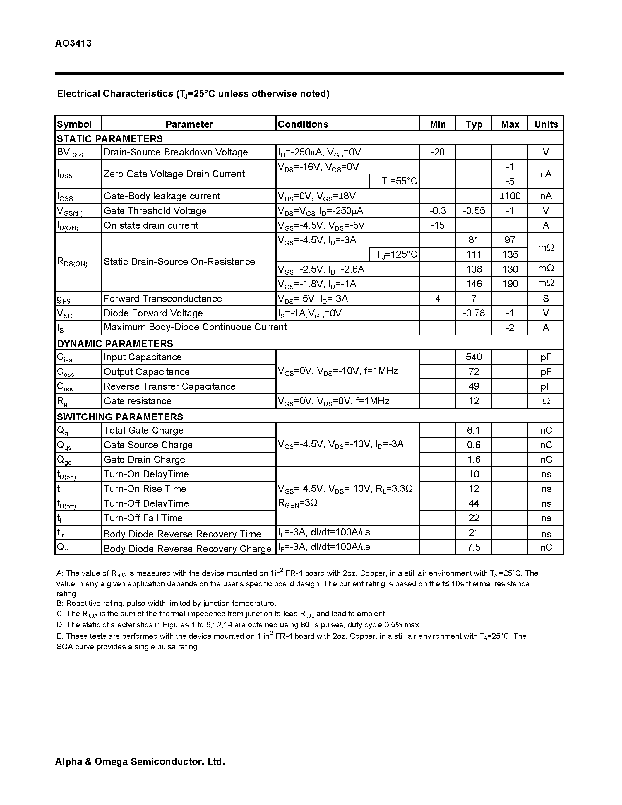 Datasheet AO3413 - P-Channel Enhancement Mode Field Effect Transistor page 2