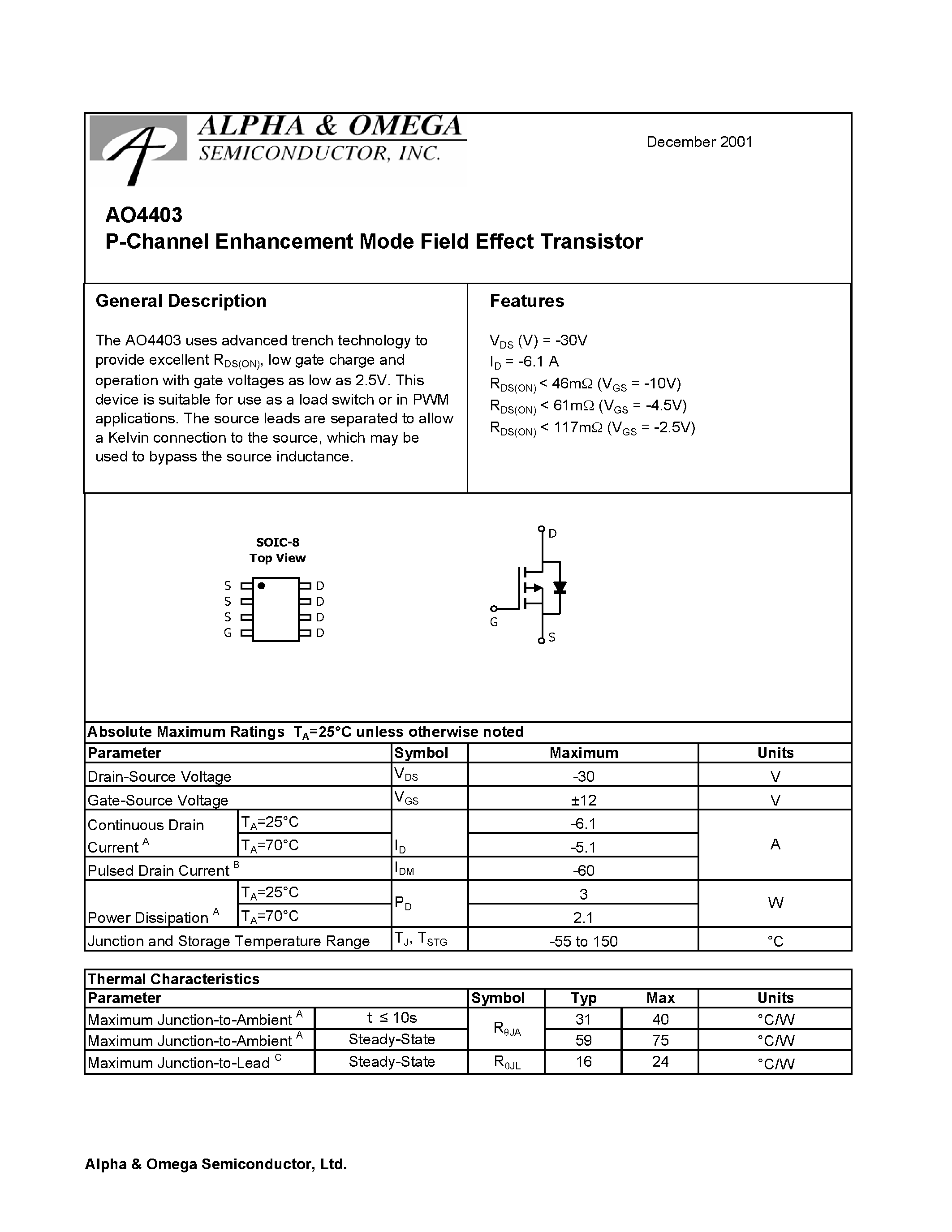 Datasheet AO4403 - P-Channel Enhancement Mode Field Effect Transistor page 1