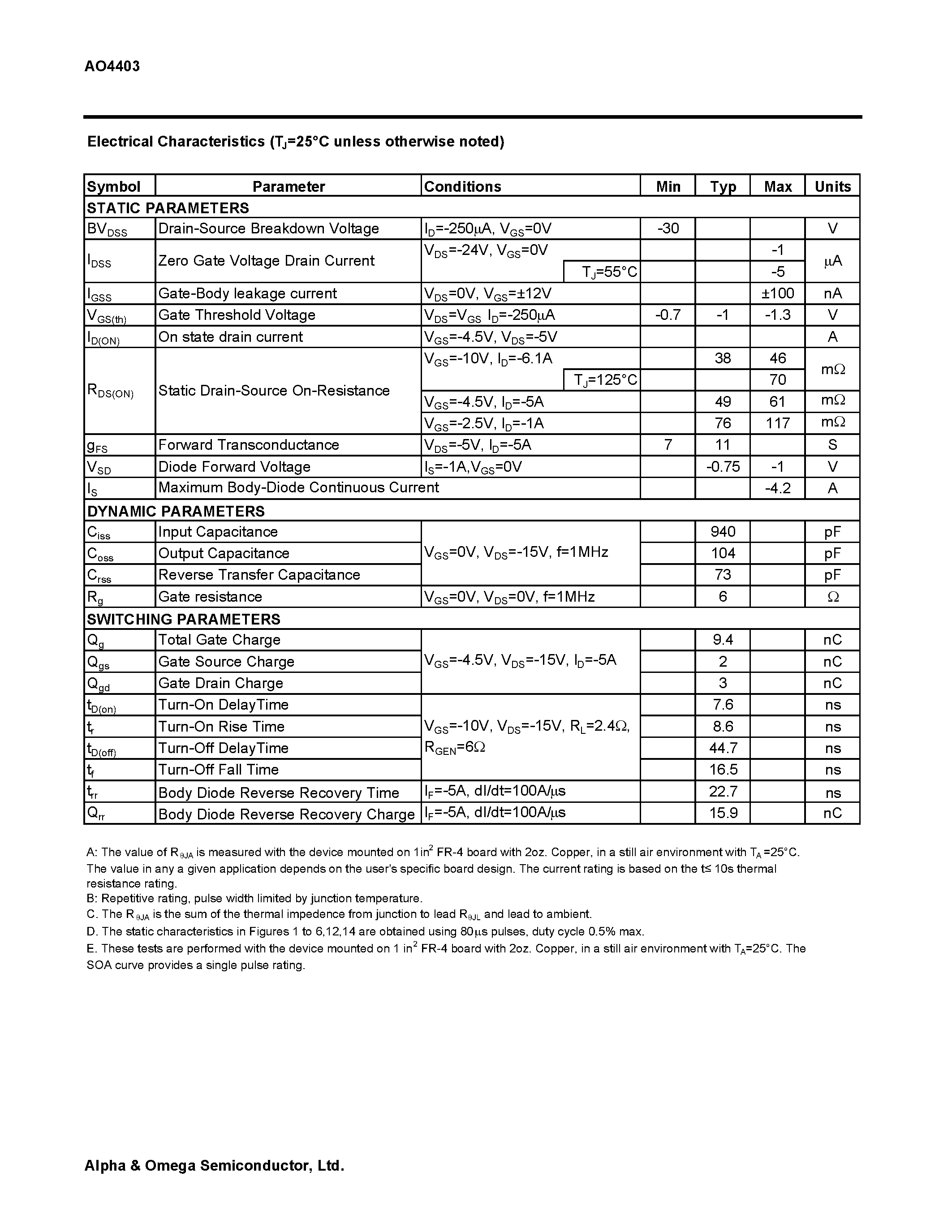 Datasheet AO4403 - P-Channel Enhancement Mode Field Effect Transistor page 2