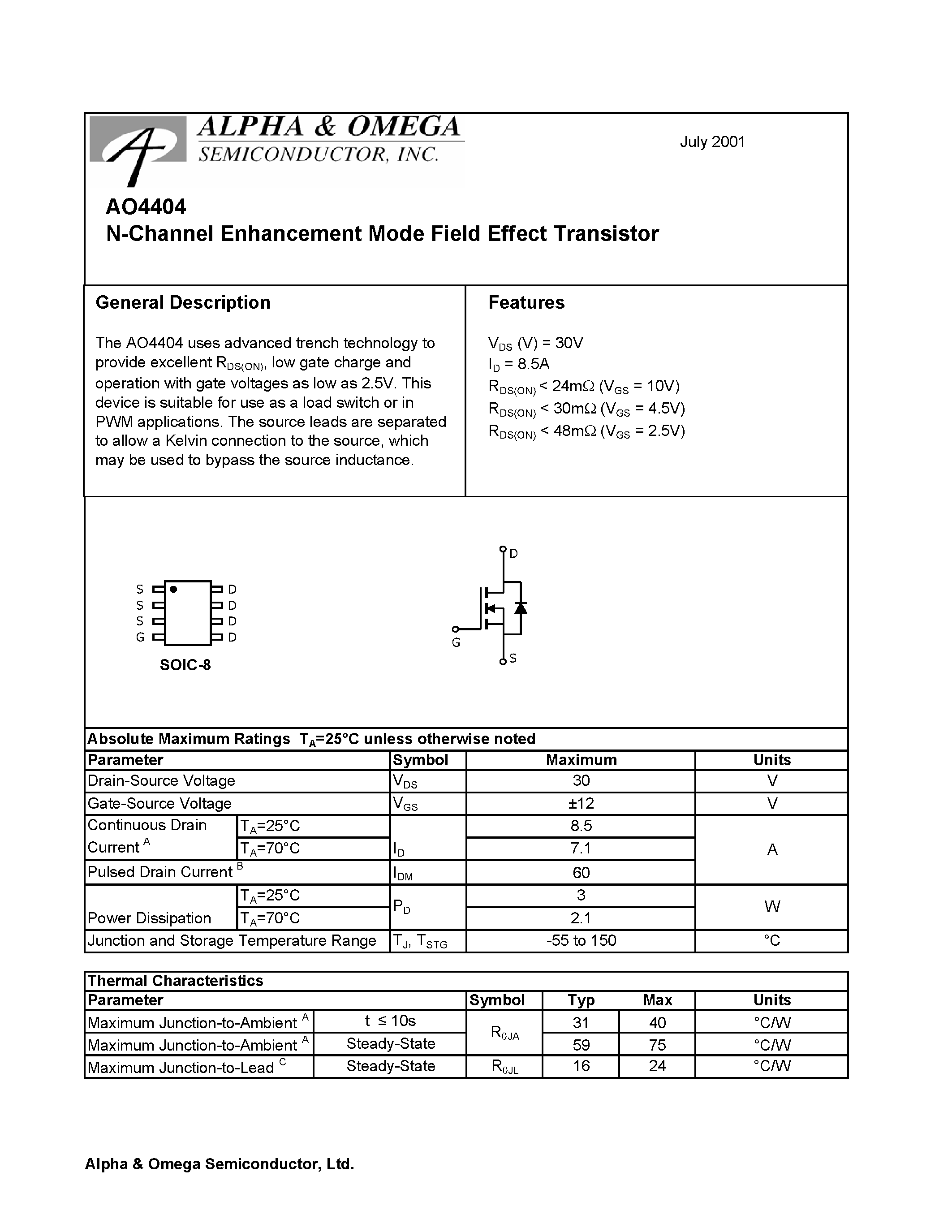 Datasheet AO4404 - N-Channel Enhancement Mode Field Effect Transistor page 1