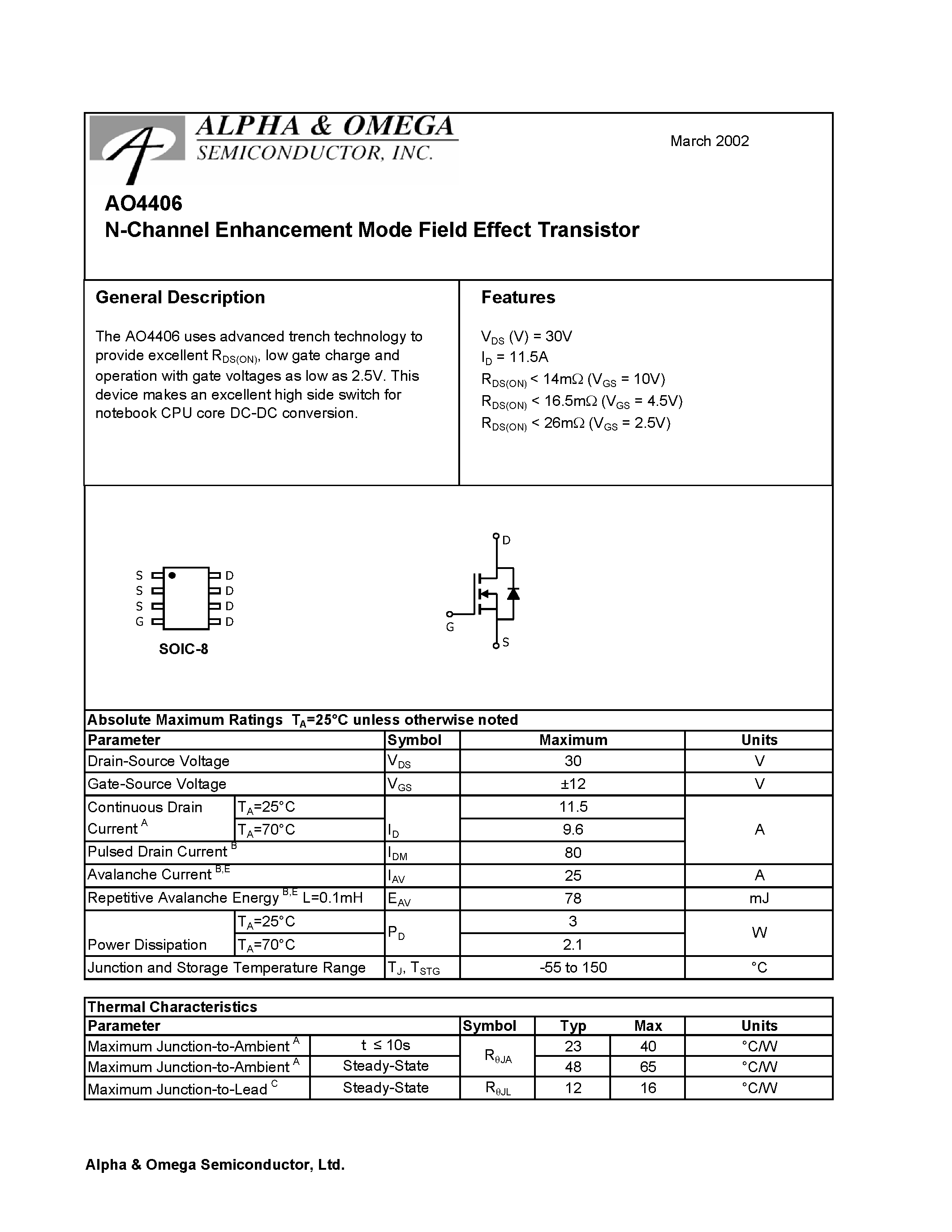 Datasheet AO4406 - N CHANNEL ENHANCEMENT MODE FIELD EFFECT TRANSISTOR page 1
