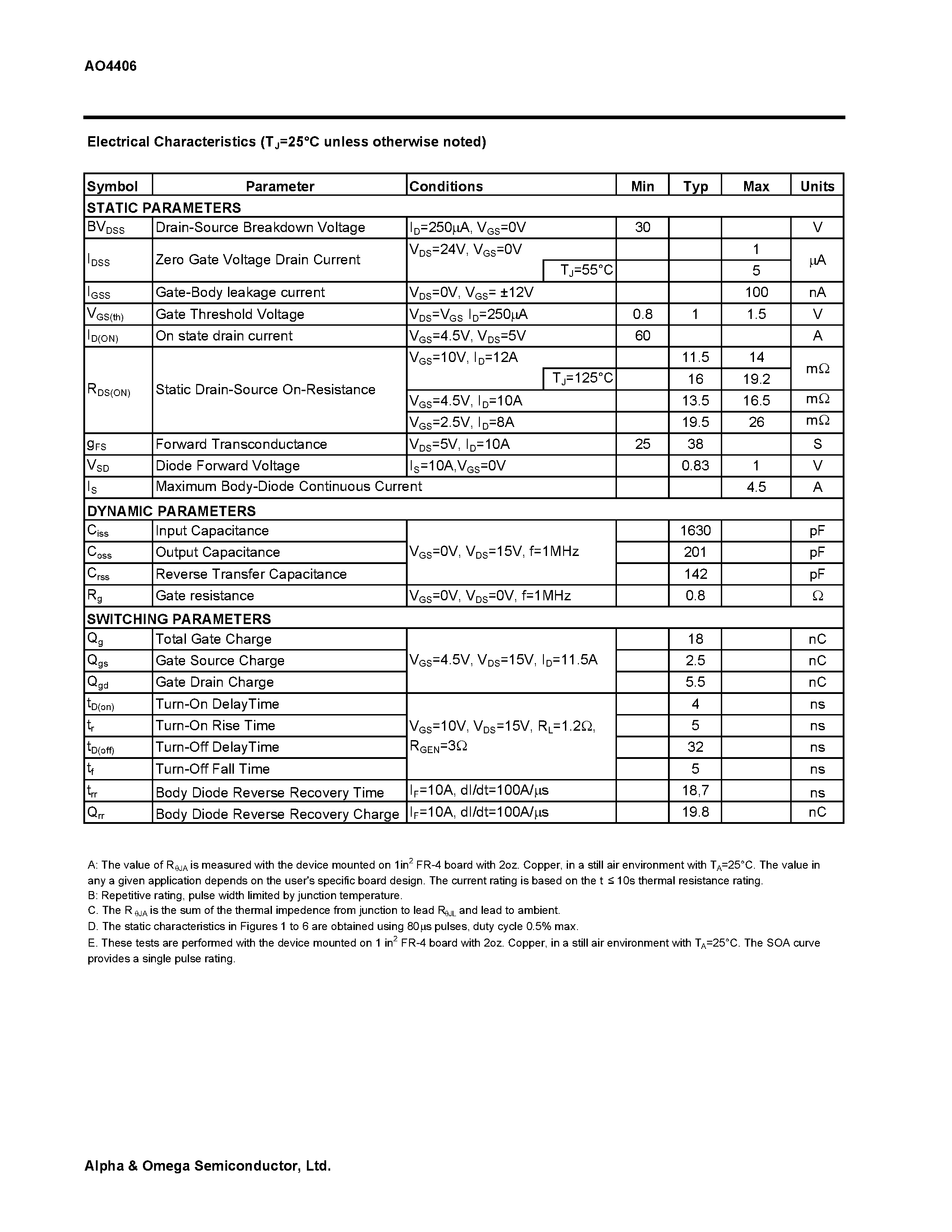 Datasheet AO4406 - N CHANNEL ENHANCEMENT MODE FIELD EFFECT TRANSISTOR page 2