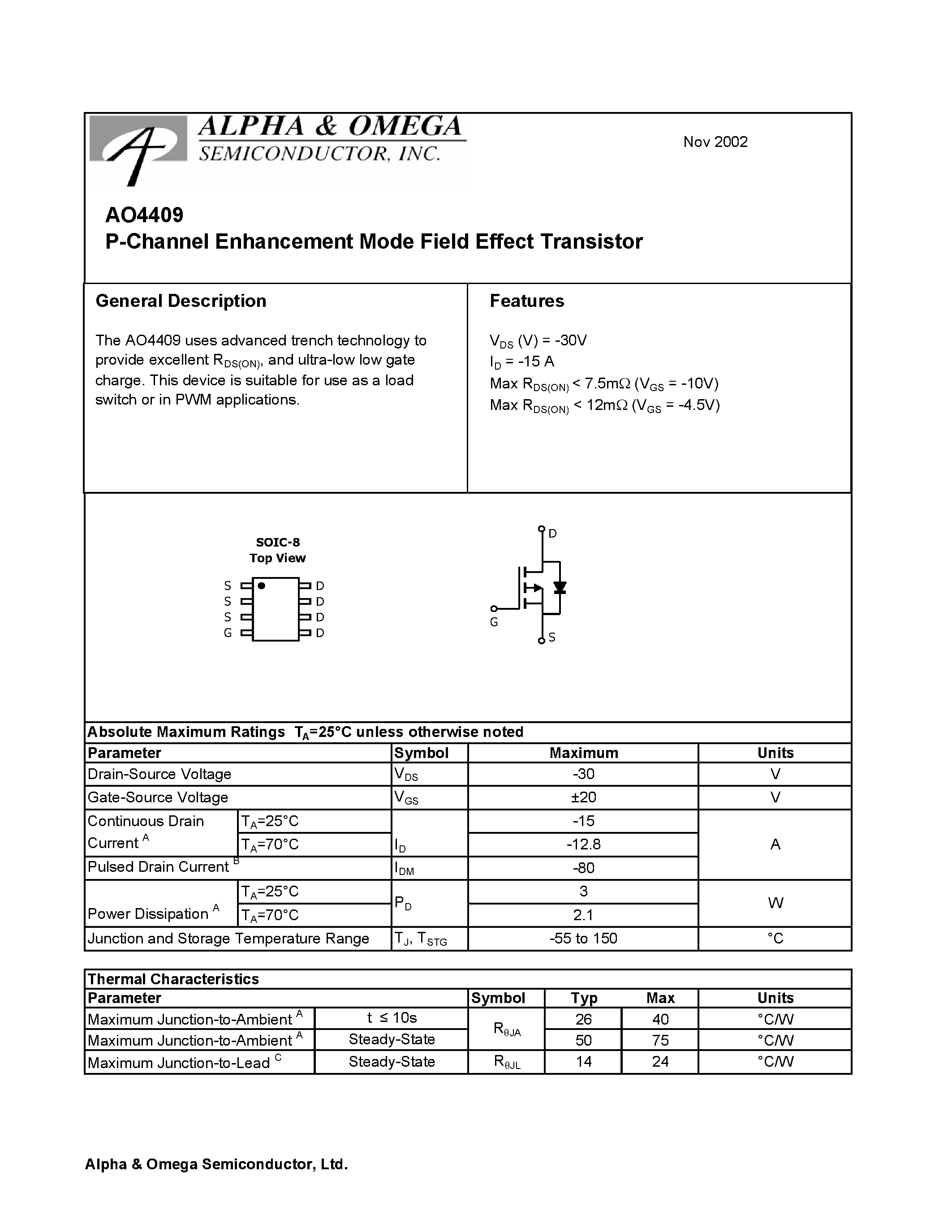 Datasheet AO4409 - P-Channel Enhancement Mode Field Effect Transistor page 1