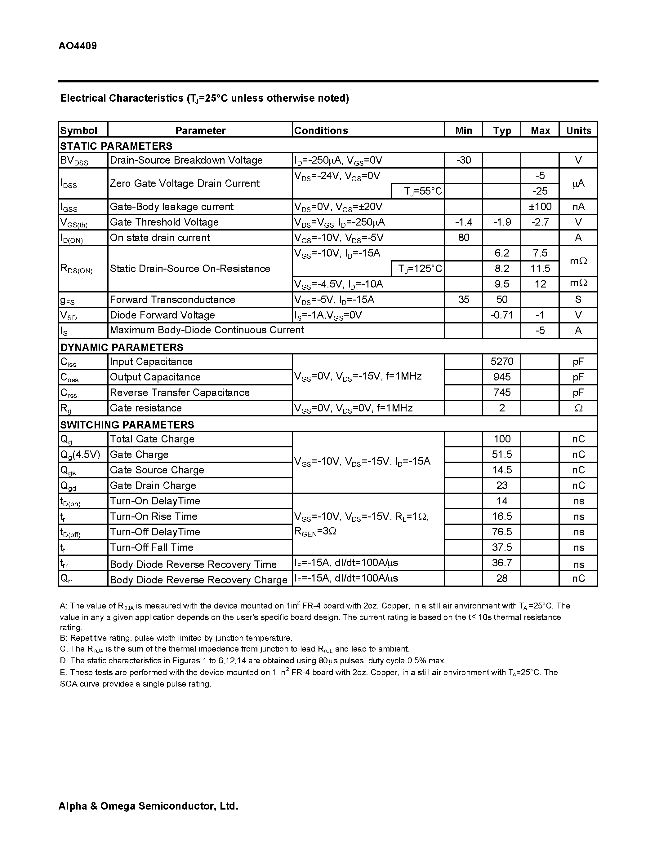 Datasheet AO4409 - P-Channel Enhancement Mode Field Effect Transistor page 2