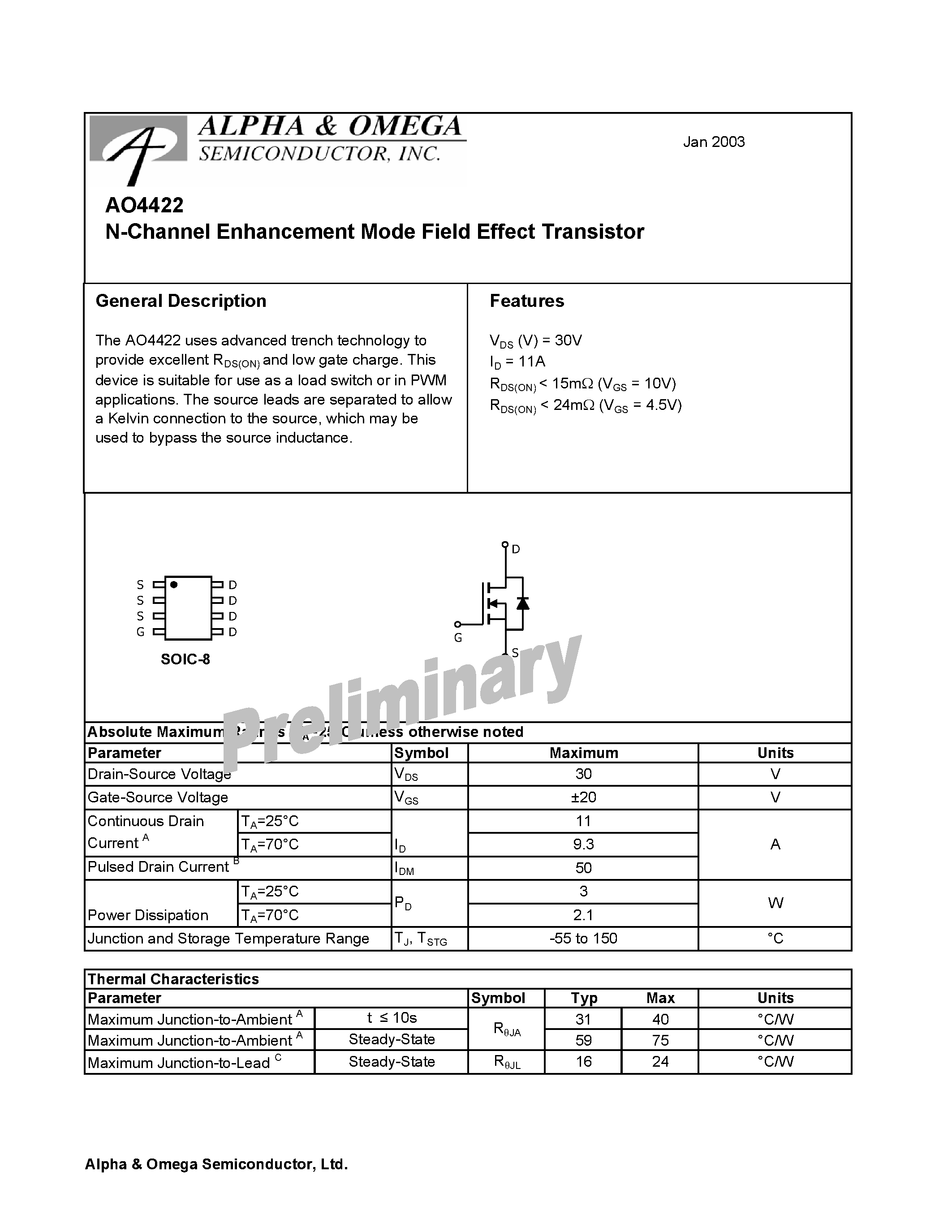 Даташит AO4422 - N-Channel Enhancement Mode Field Effect Transistor страница 1