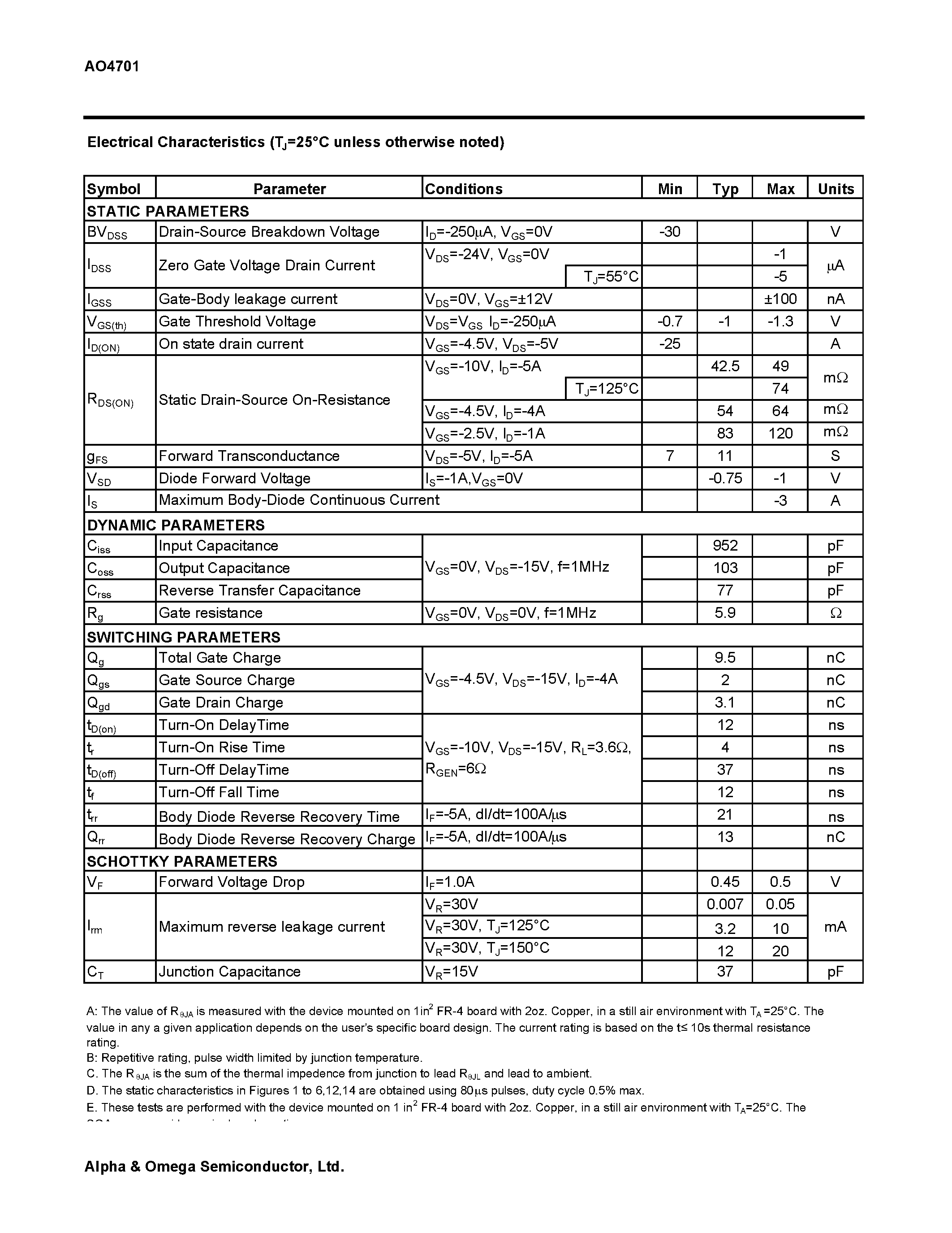 Datasheet AO4701 - P-Channel Enhancement Mode Field Effect Transistor with Schottky Diode page 2