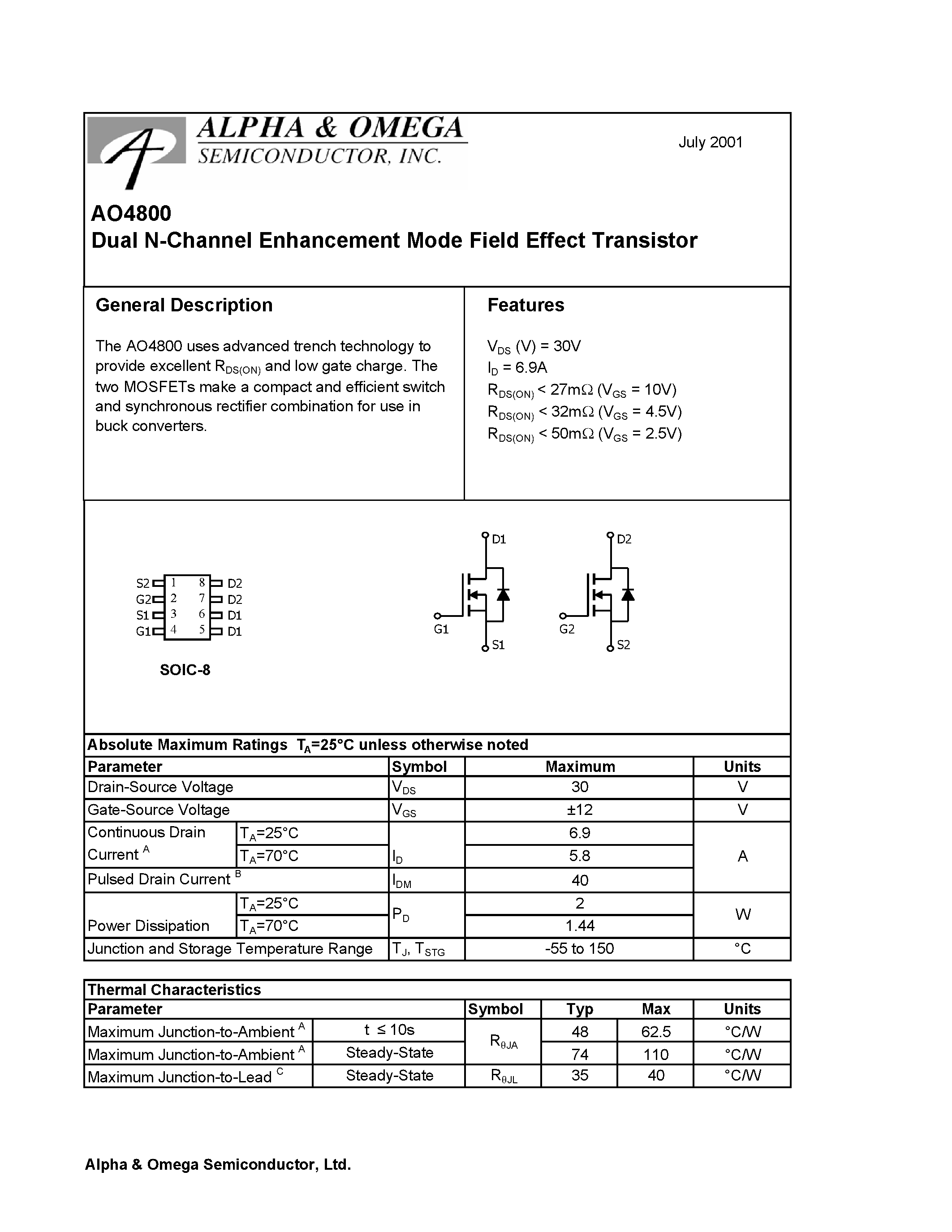 Datasheet AO4800 - Dual N-Channel Enhancement Mode Field Effect Transistor page 1