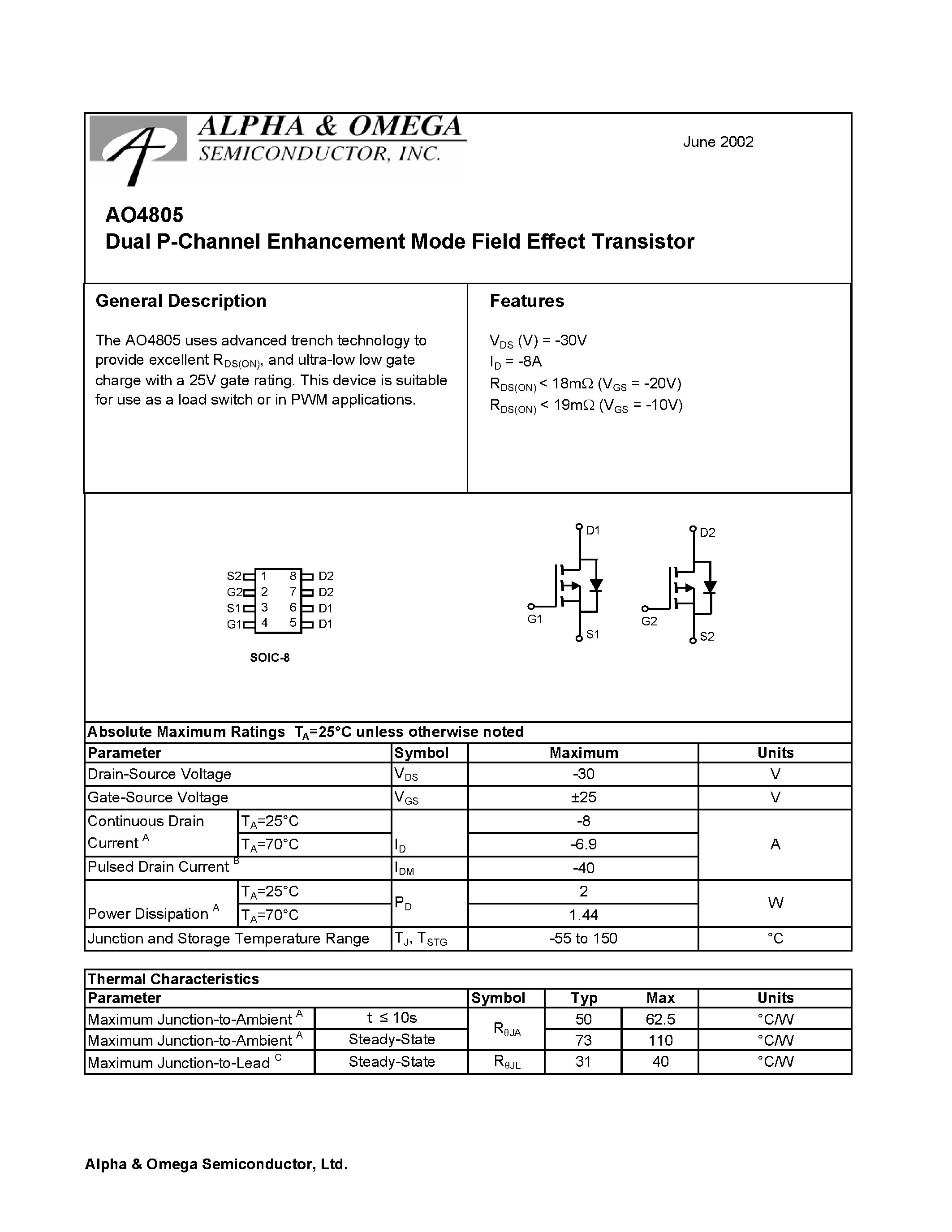 Datasheet AO4805 - Dual P-Channel Enhancement Mode Field Effect Transistor page 1