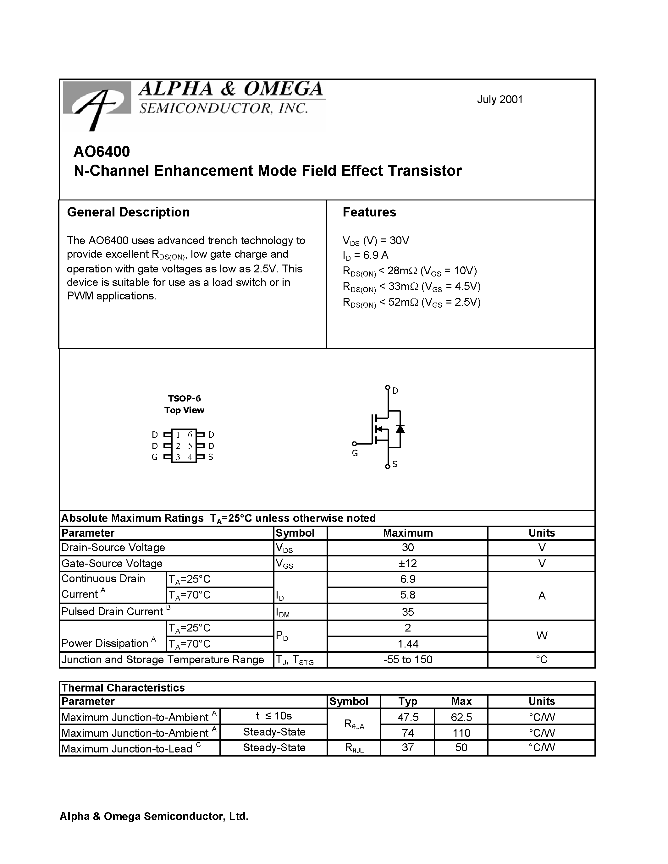 Datasheet AO6400 - N-Channel Enhancement Mode Field Effect Transistor page 1