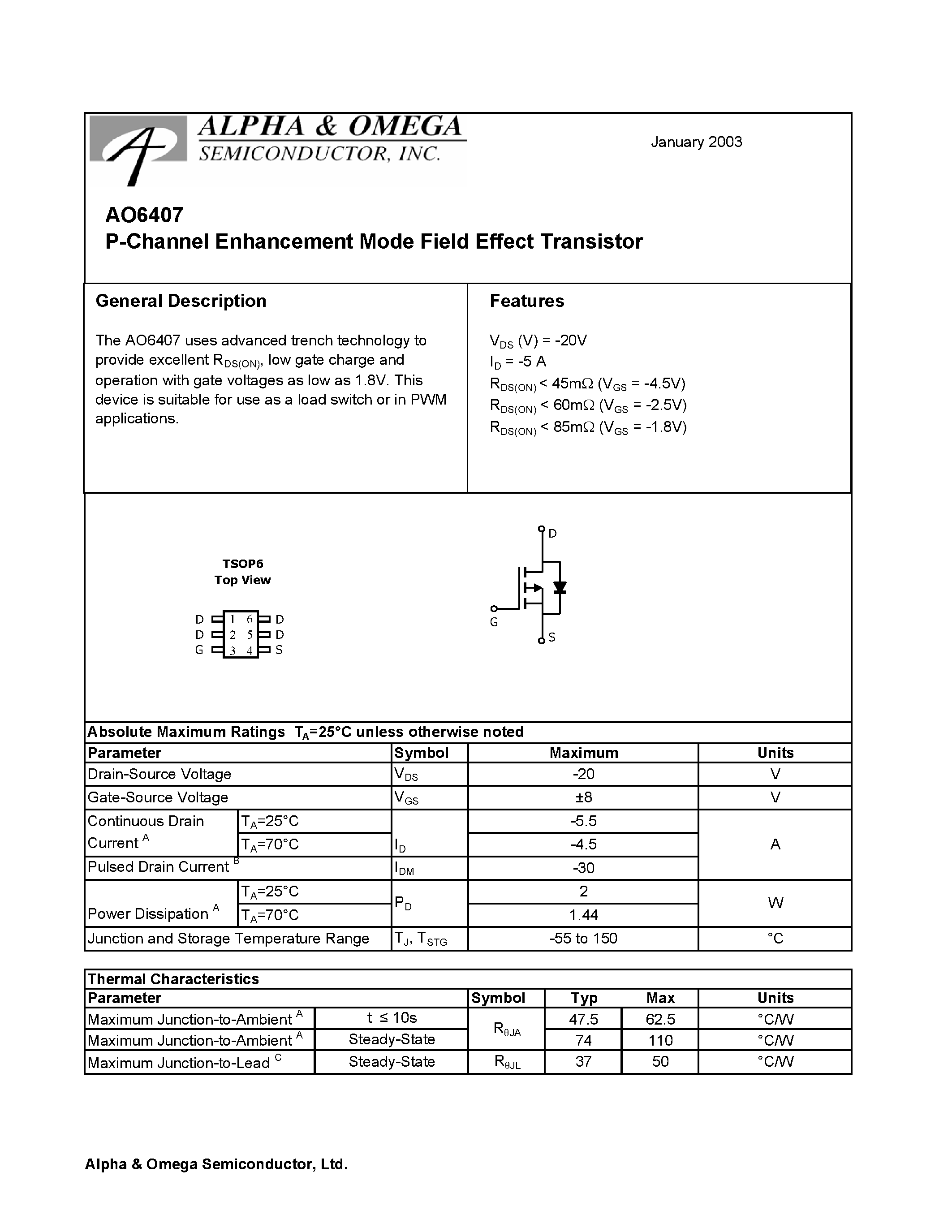 Datasheet AO6407 - P-Channel Enhancement Mode Field Effect Transistor page 1