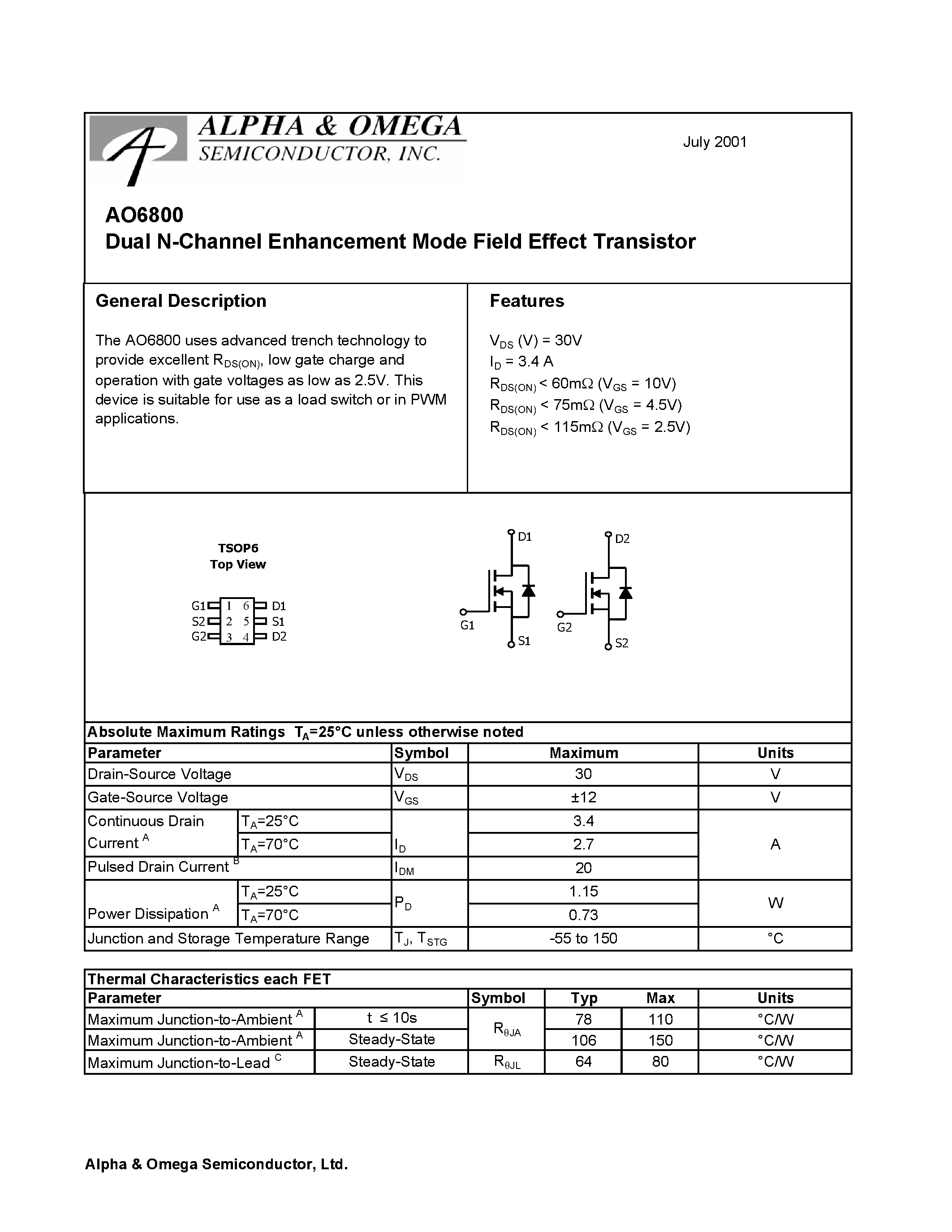 Datasheet AO6800 - Dual N-Channel Enhancement Mode Field Effect Transistor page 1