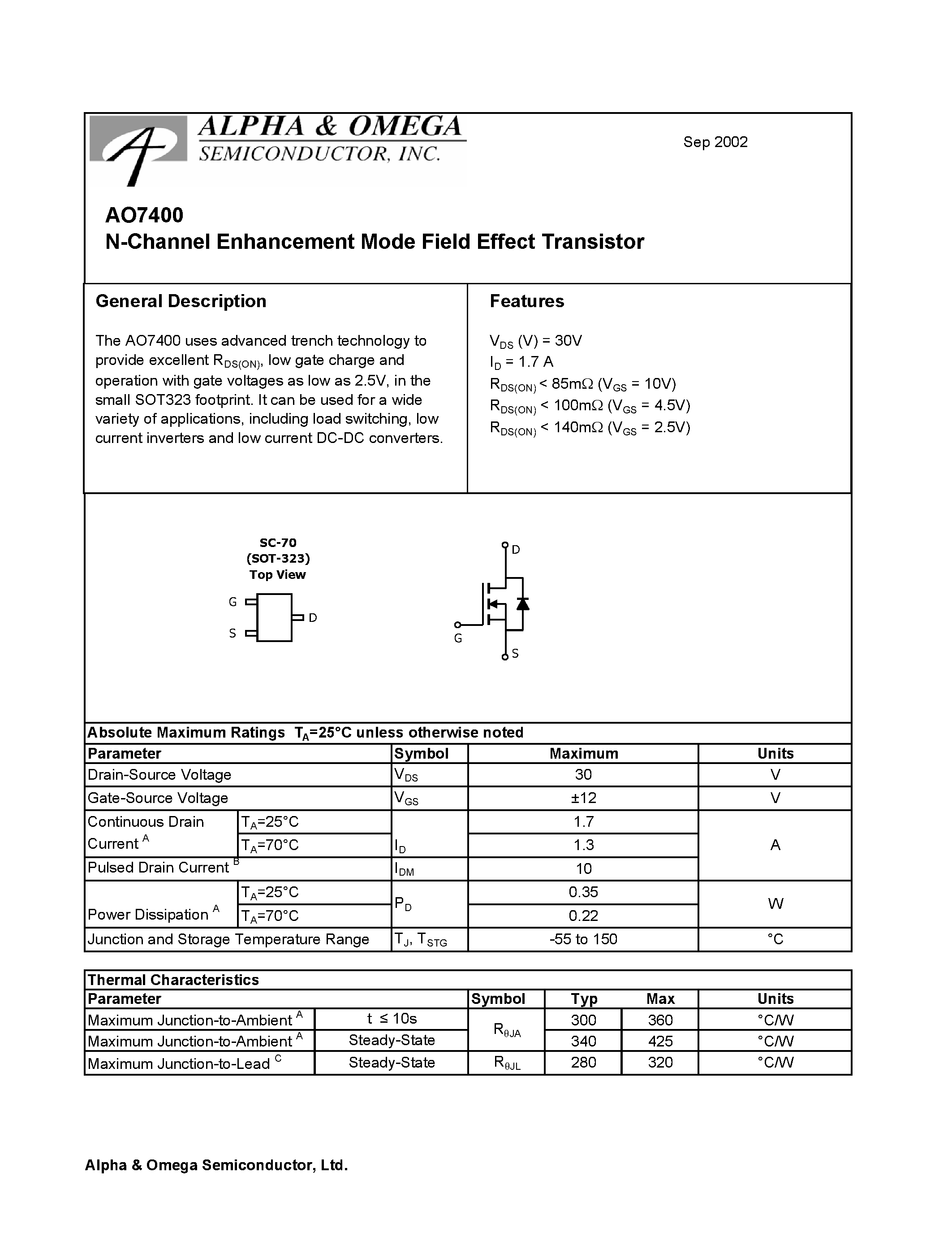 Datasheet AO7400 - N-Channel Enhancement Mode Field Effect Transistor page 1