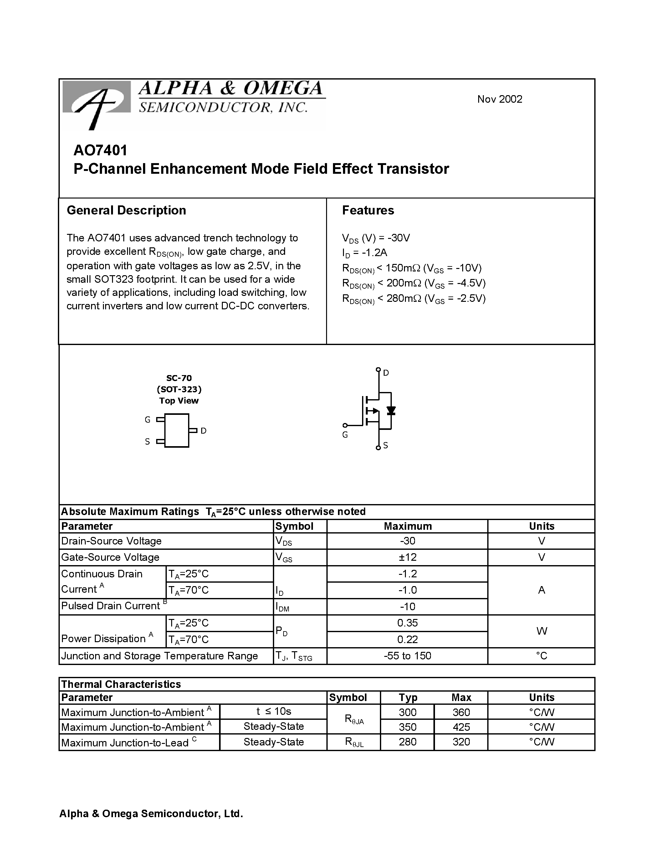 Datasheet AO7401 - P-Channel Enhancement Mode Field Effect Transistor page 1
