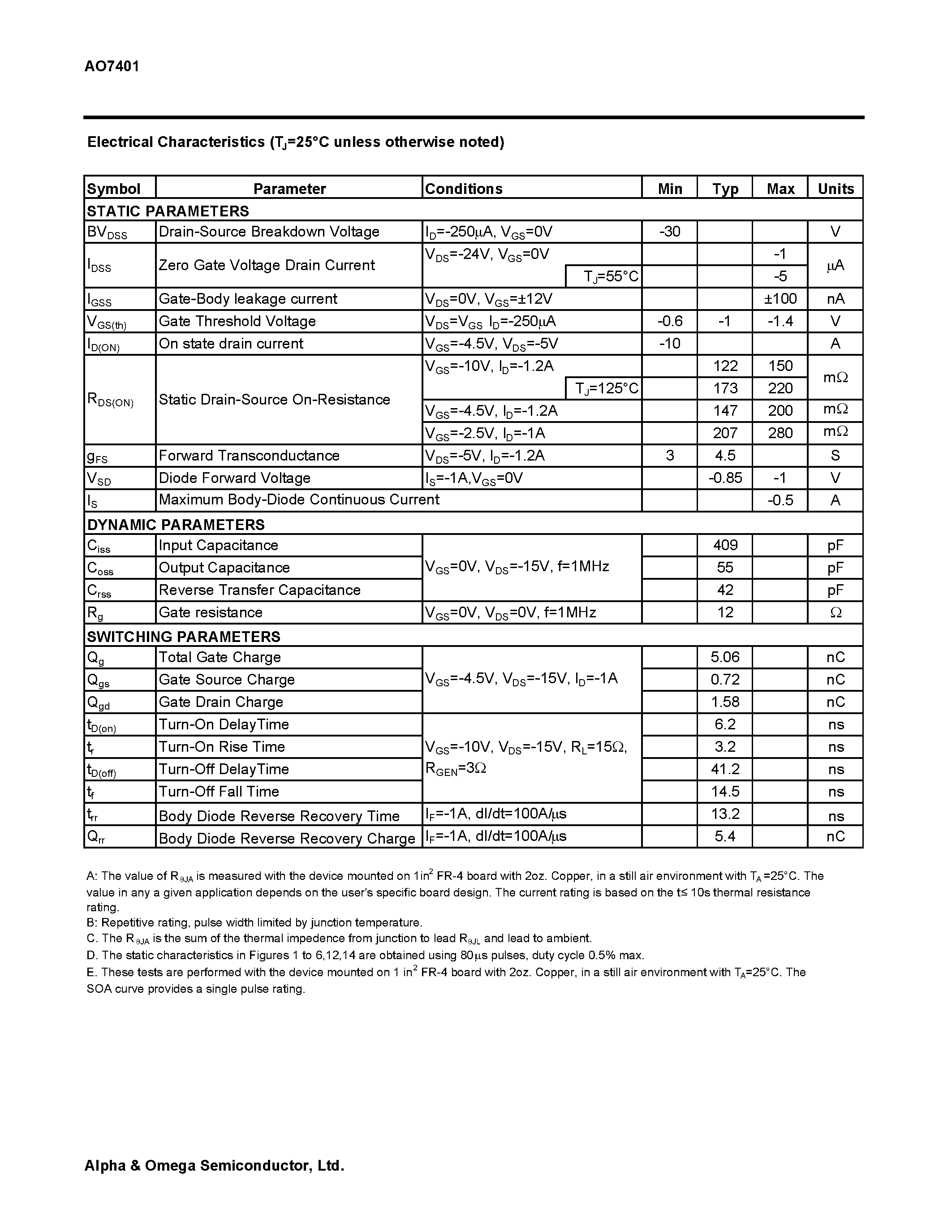 Datasheet AO7401 - P-Channel Enhancement Mode Field Effect Transistor page 2