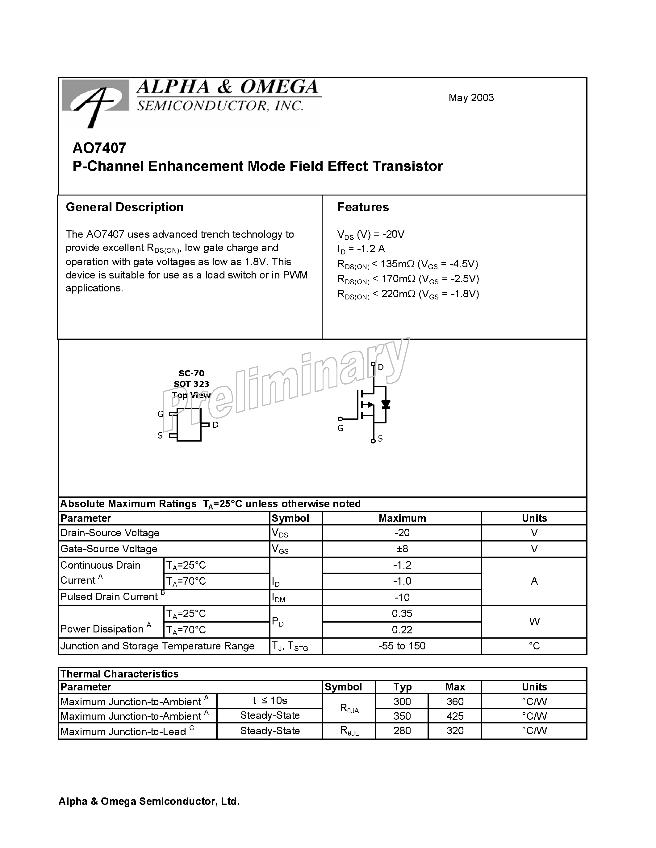 Datasheet AO7407 - P-Channel Enhancement Mode Field Effect Transistor page 1