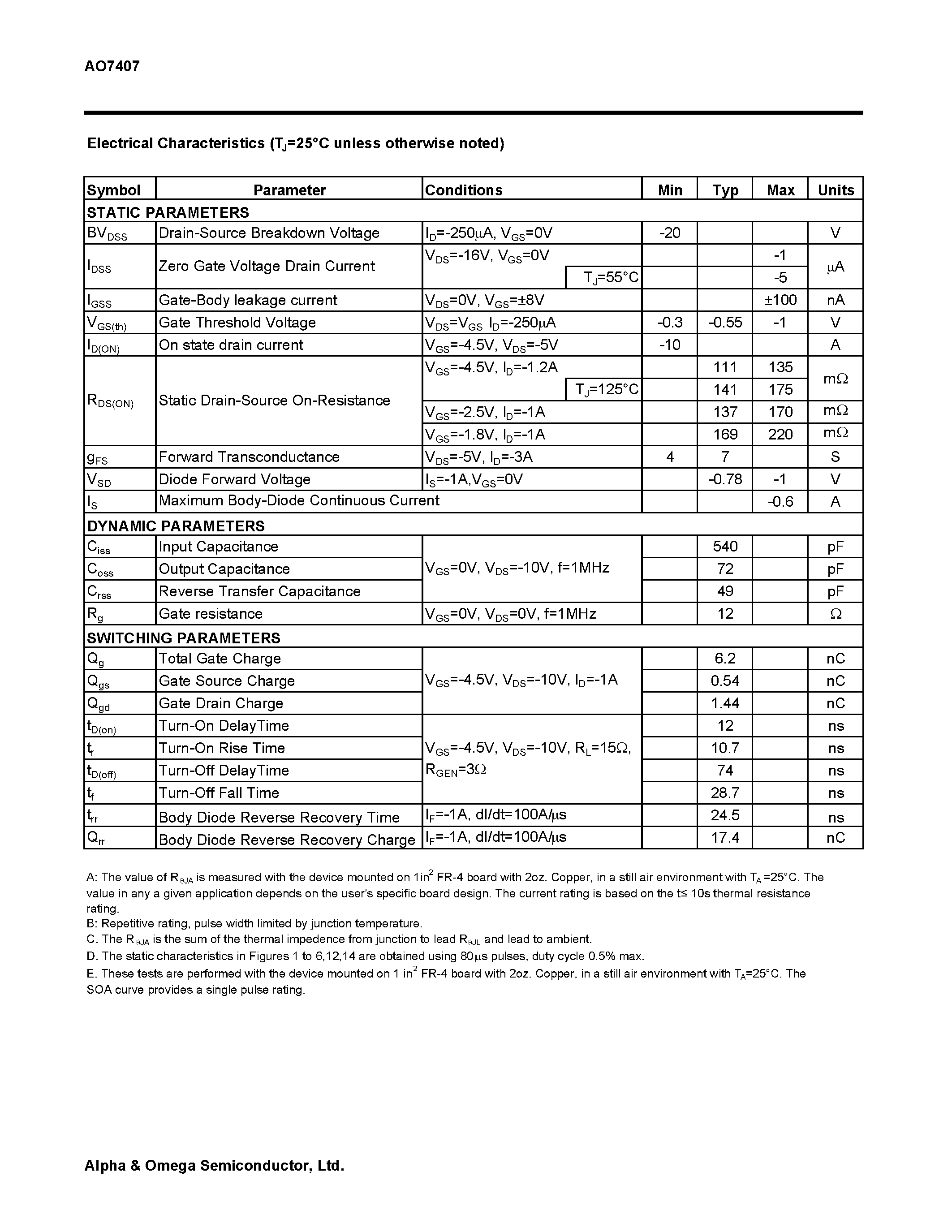 Datasheet AO7407 - P-Channel Enhancement Mode Field Effect Transistor page 2