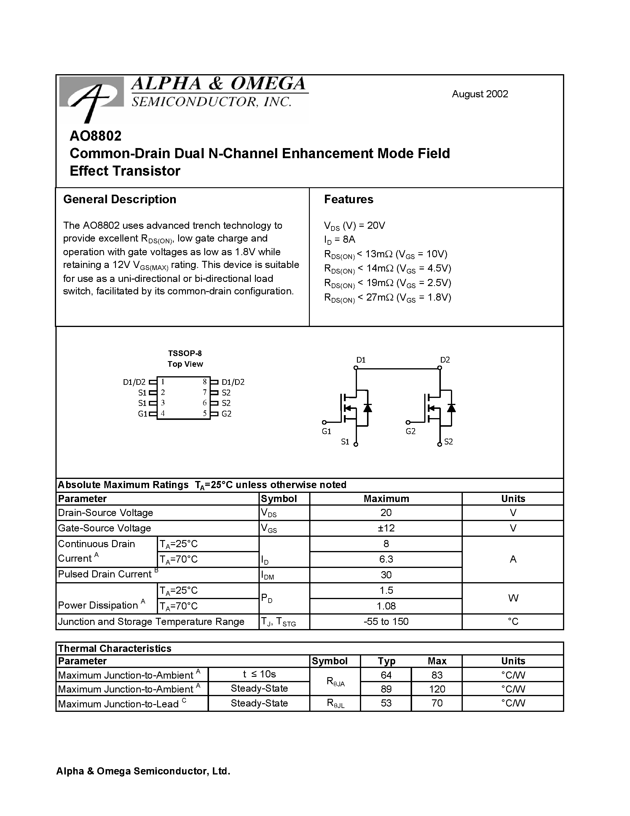 Datasheet AO8802 - Common-Drain Dual N-Channel Enhancement Mode Field Effect Transistor page 1