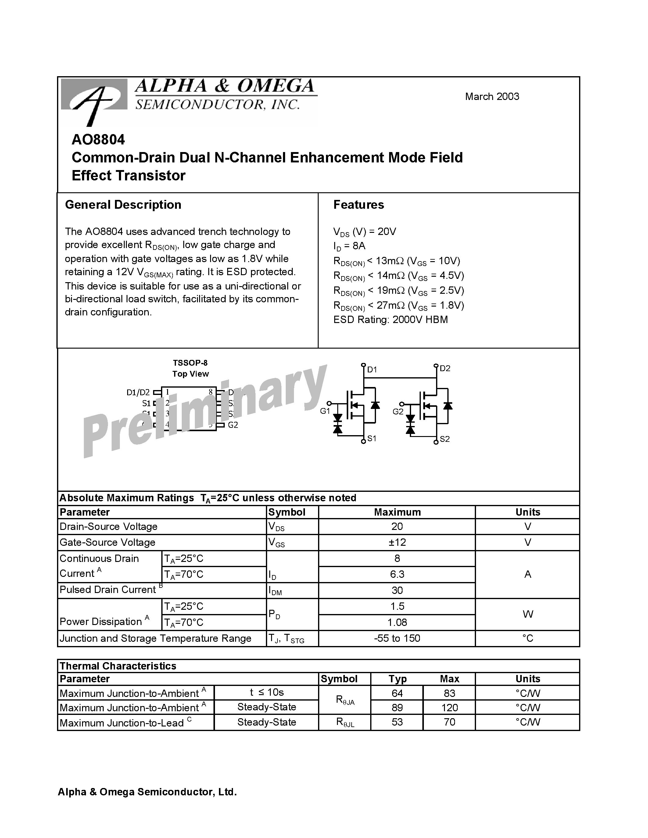 Datasheet AO8804 - Common-Drain Dual N-Channel Enhancement Mode Field Effect Transistor page 1