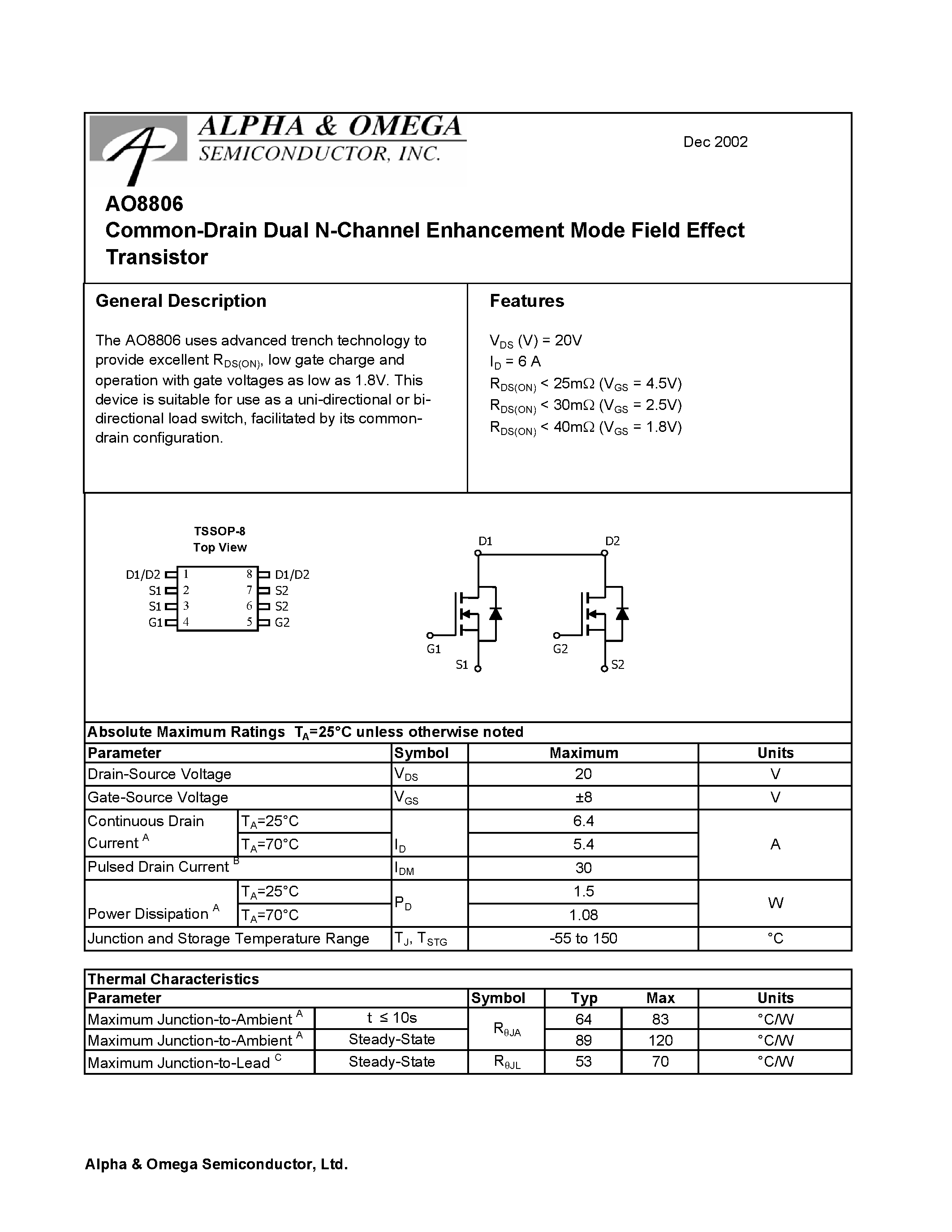 Datasheet AO8806 - Common-Drain Dual N-Channel Enhancement Mode Field Effect Transistor page 1
