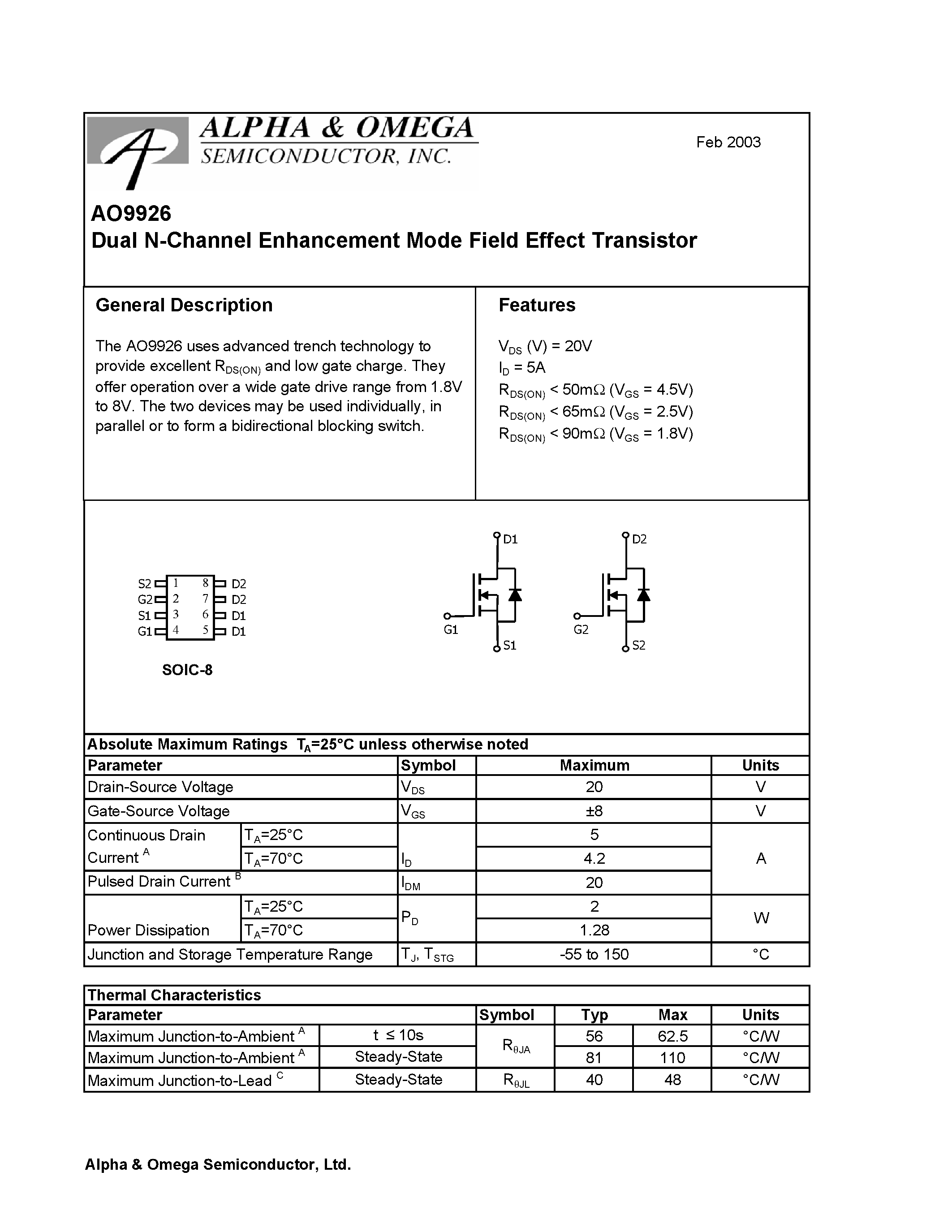 Datasheet AO9926 - Dual N-Channel Enhancement Mode Field Effect Transistor page 1