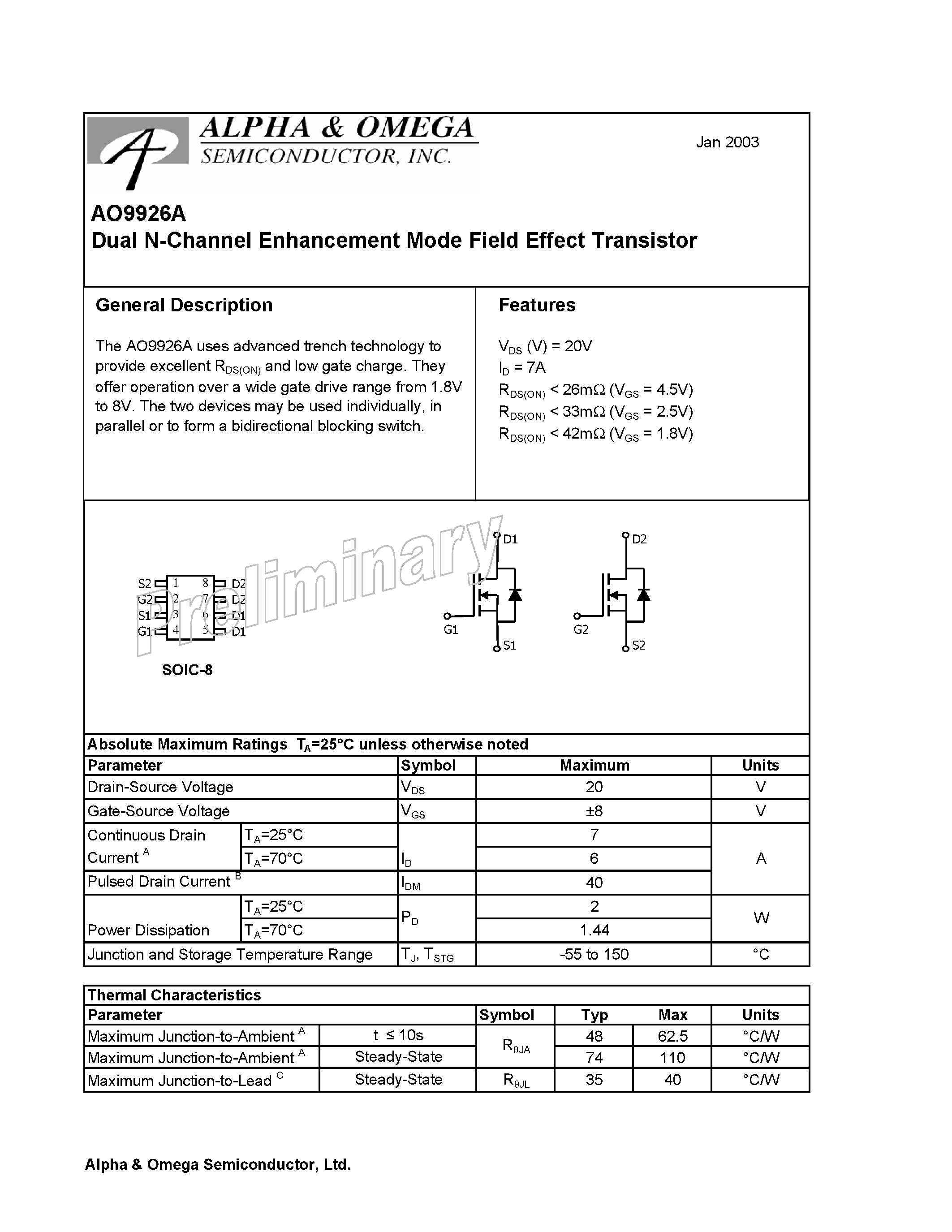 Datasheet AO9926A - Dual N-Channel Enhancement Mode Field Effect Transistor page 1