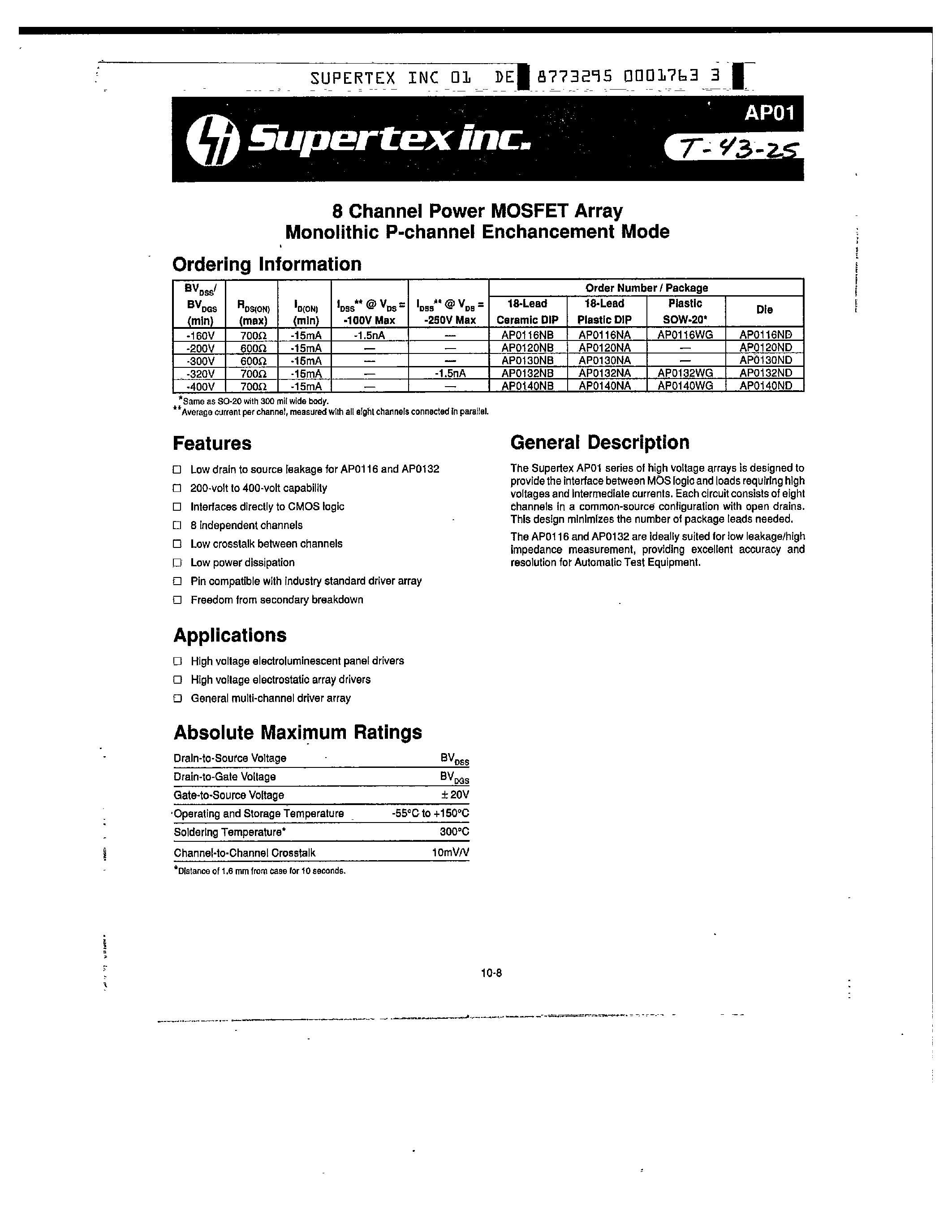 Datasheet AP0132NB - 8 Channel Power MOSFET Array Monolithic N-channel Enchancement Mode page 1