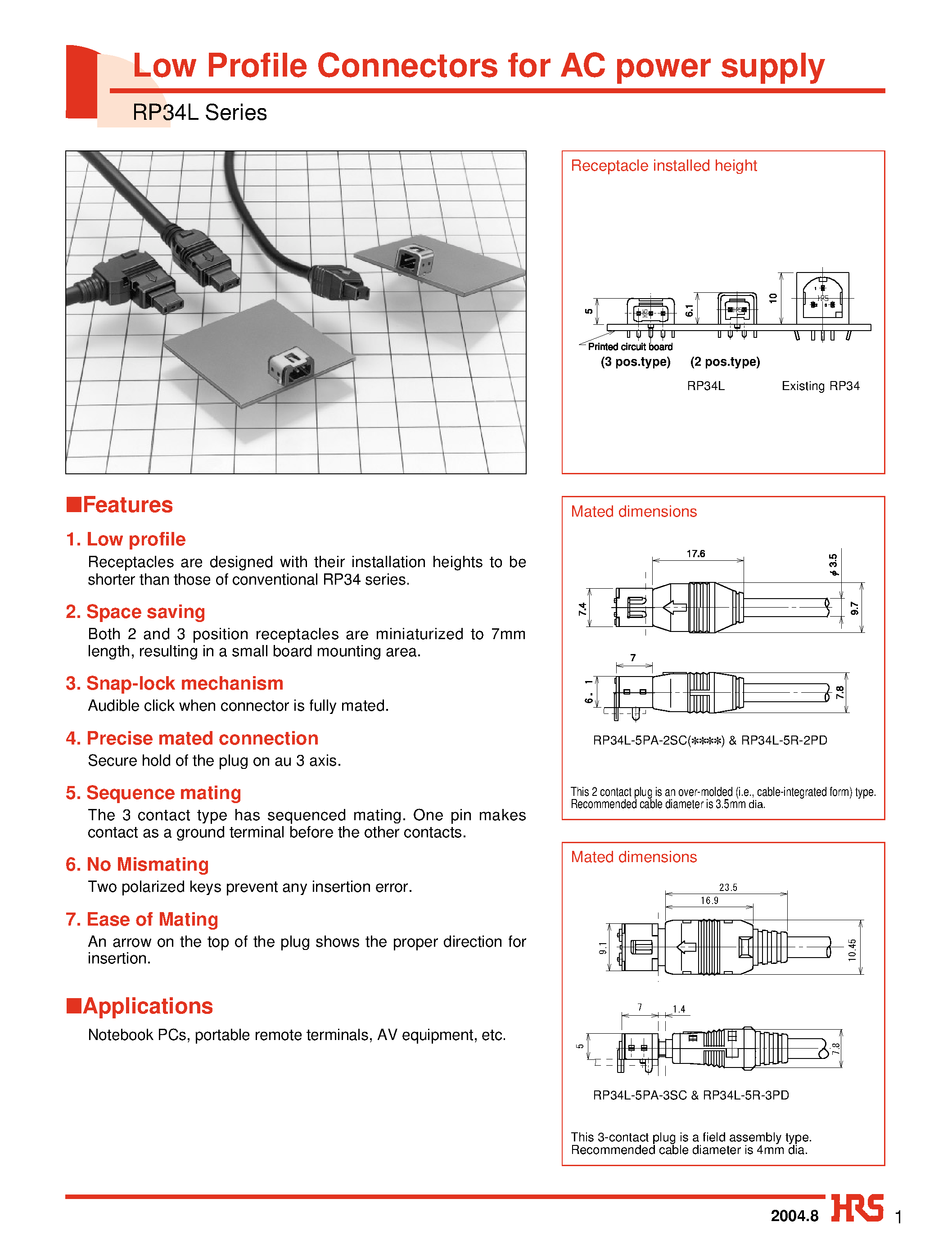 Даташит AP105-RP34L-SC1-212 - Low Profile Connectors for AC power supply страница 1