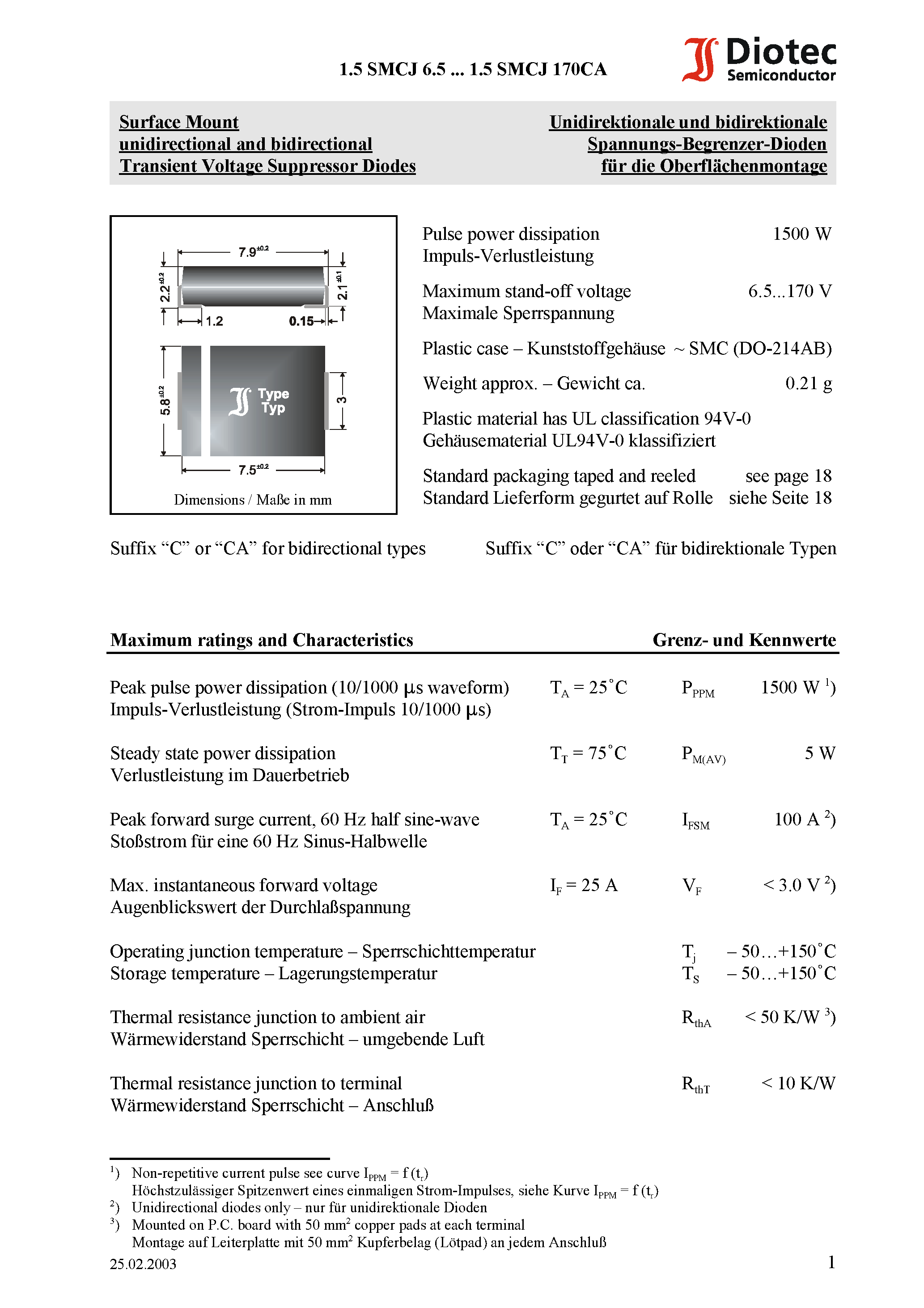 Datasheet 1.5SMCJ8.0A - Surface Mount unidirectional and bidirectional Transient Voltage Suppressor Diodes page 1